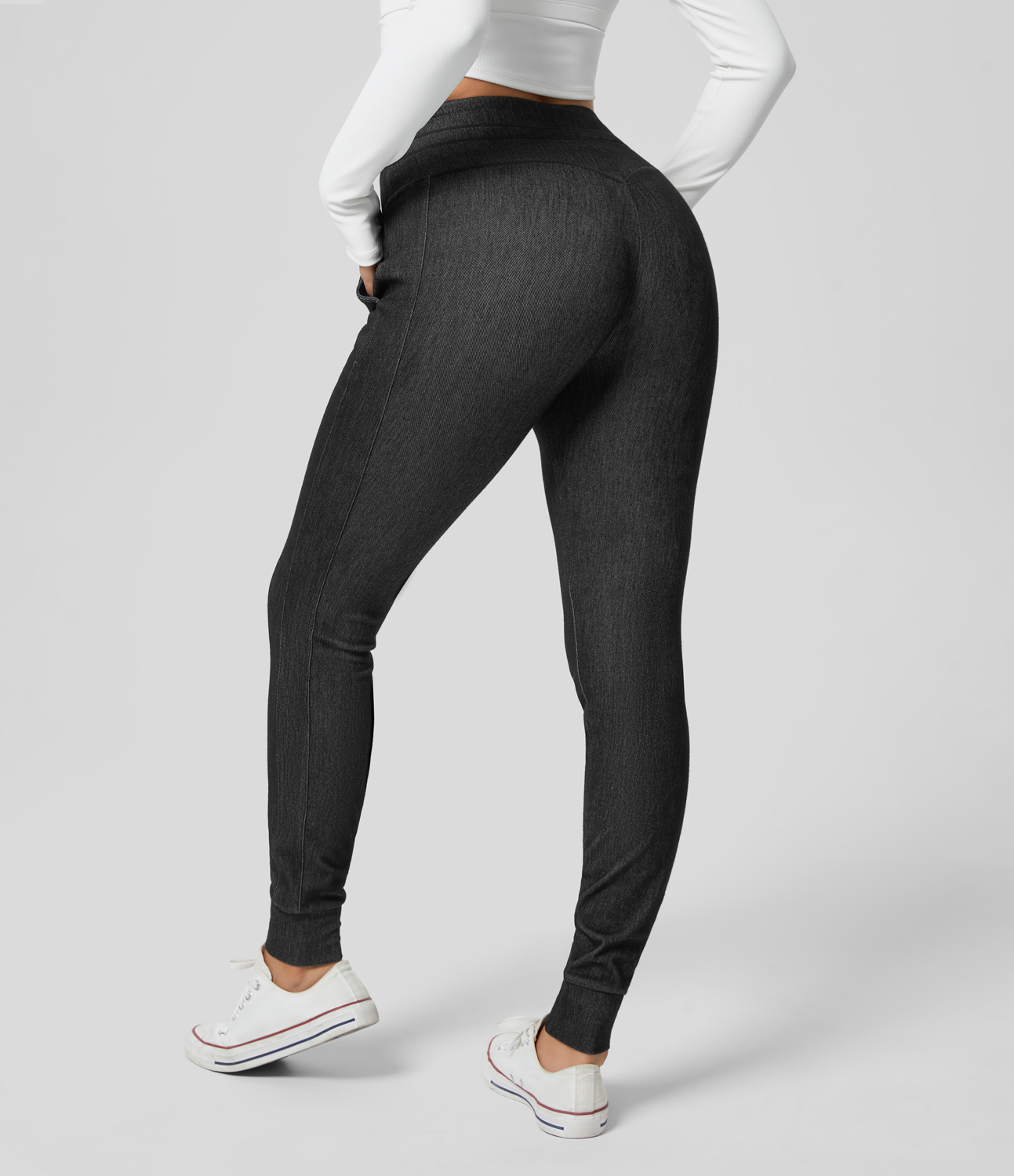 

Halara HalaraMagicв„ў High Waisted Drawstring Side Pocket Stretchy Knit Yoga Jeans - Washed Denim Black