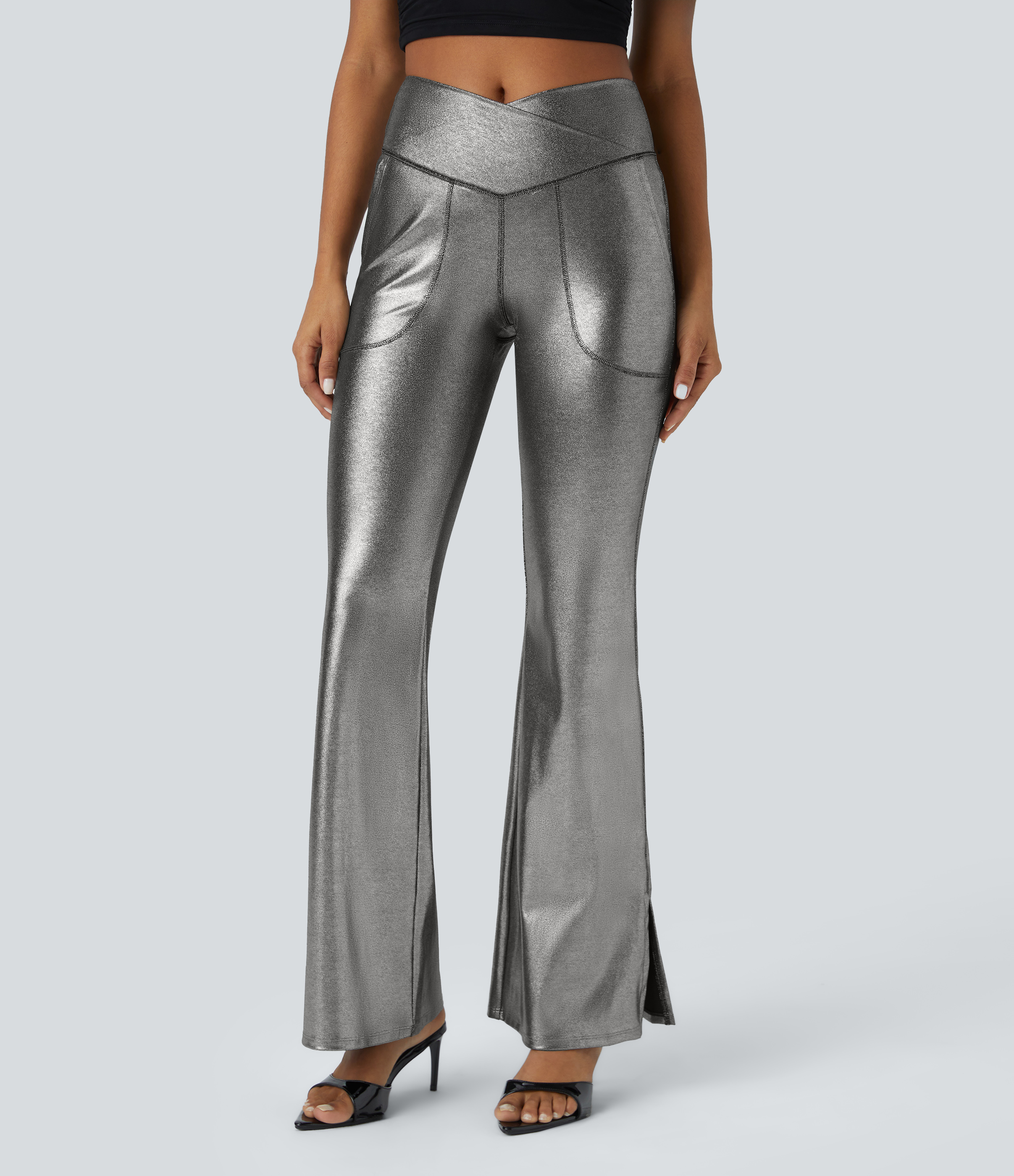 Shiny Black Silver Softlyzero™ Faux Leather Crossover High Waisted Side Pocket Split Hem Full Length Metallic Foil Print Stretchy Party Flare Leggings / 1