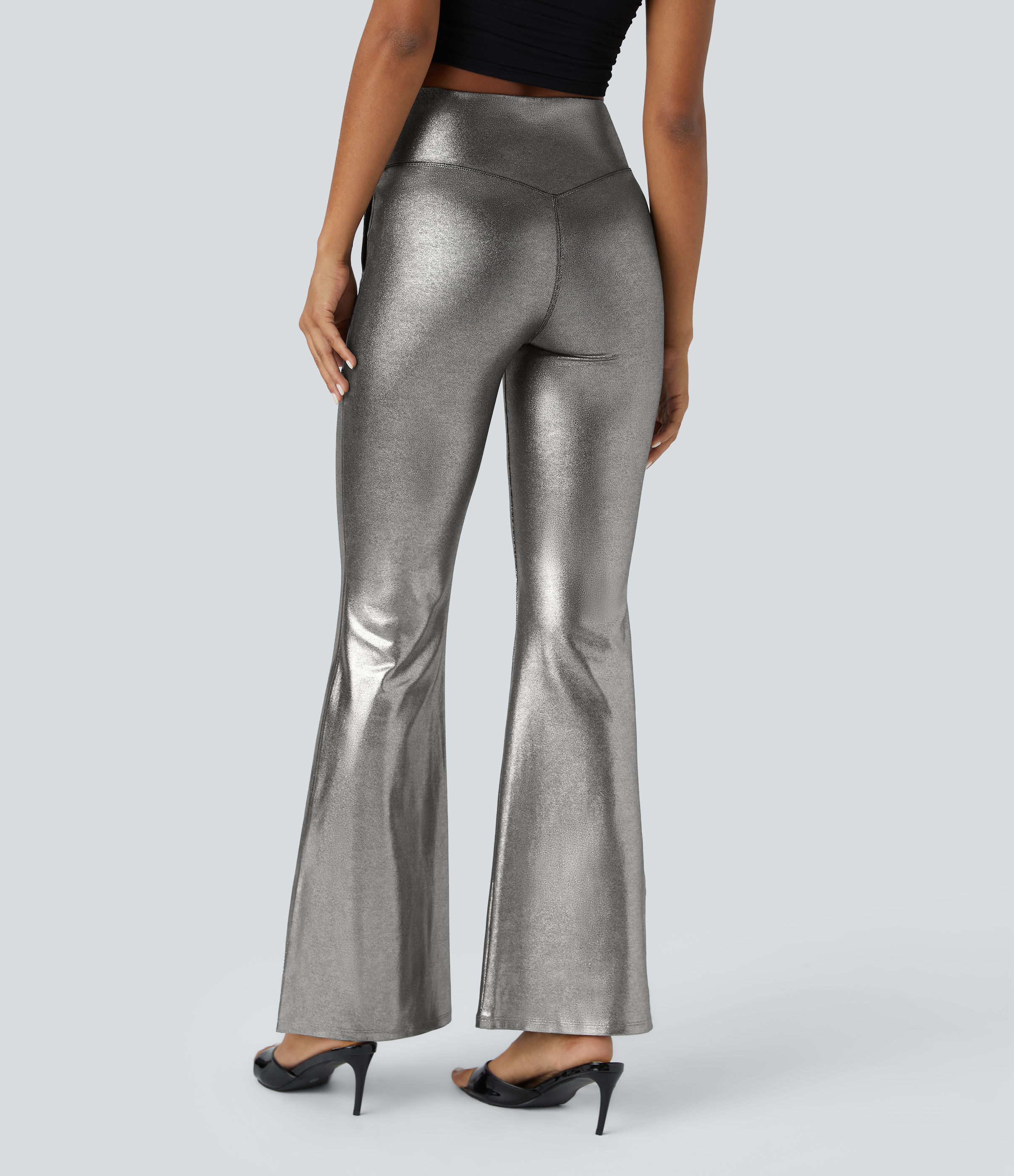 Shiny Black Silver Softlyzero™ Faux Leather Crossover High Waisted Side Pocket Split Hem Full Length Metallic Foil Print Stretchy Party Flare Leggings / 2