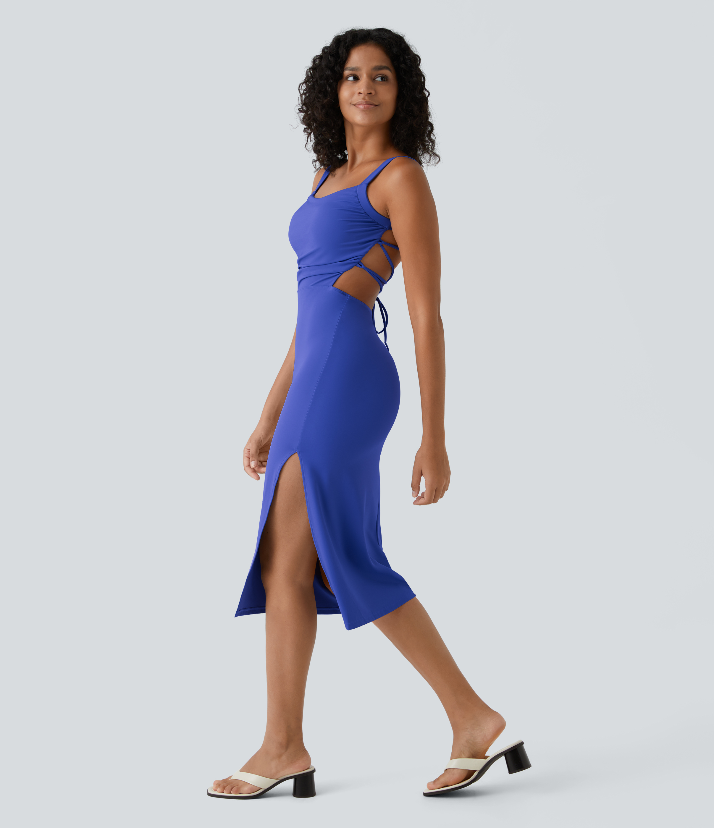 Halara Ruched Split Backless Crisscross Lace Up Bodycon Midi Casual Dress Casual Dress - Aster Blue - XS slip dress beach dress ruched dress 