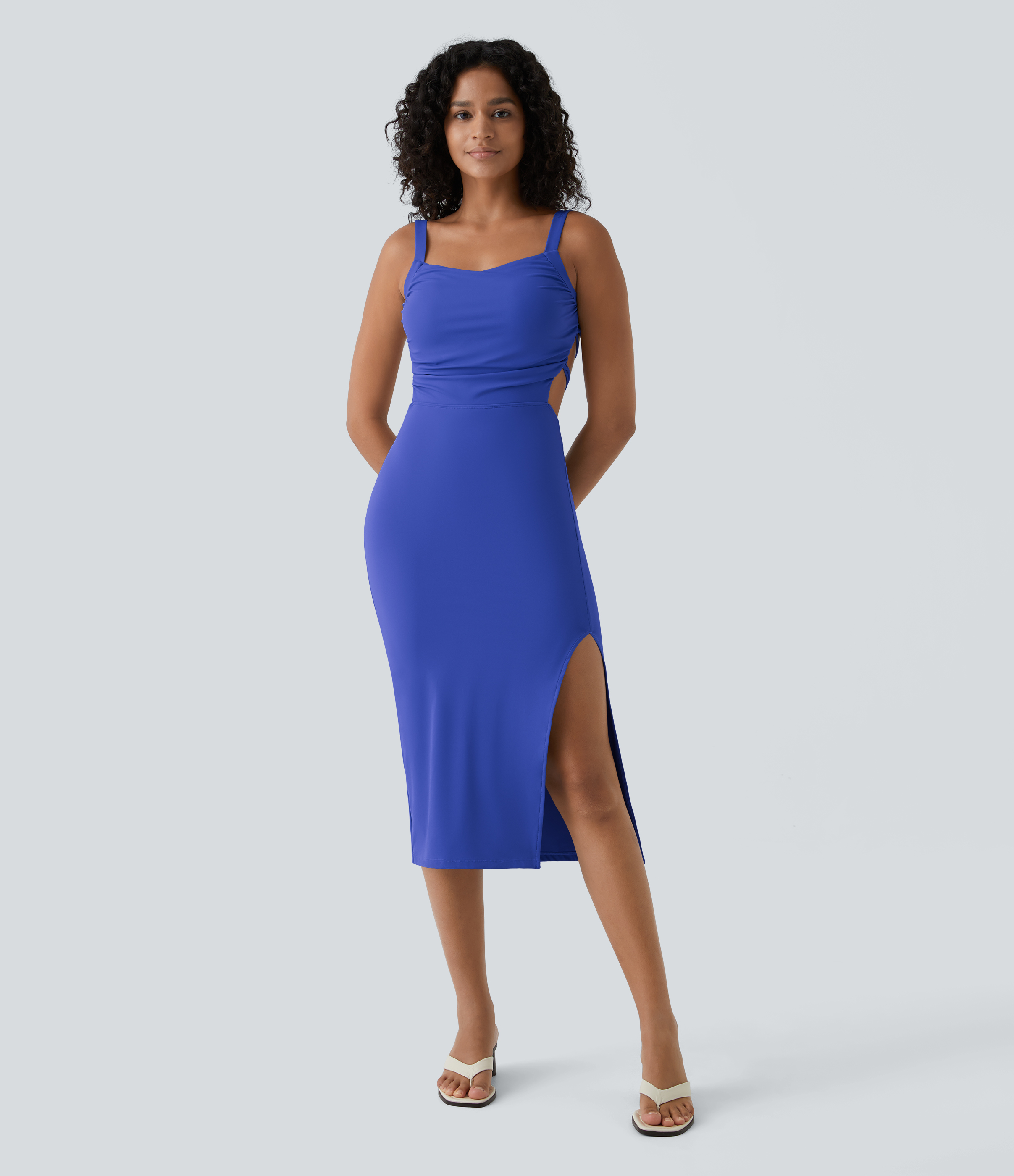 Halara Ruched Split Backless Crisscross Lace Up Bodycon Midi Casual Dress Casual Dress - Aster Blue - XS slip dress beach dress ruched dress 