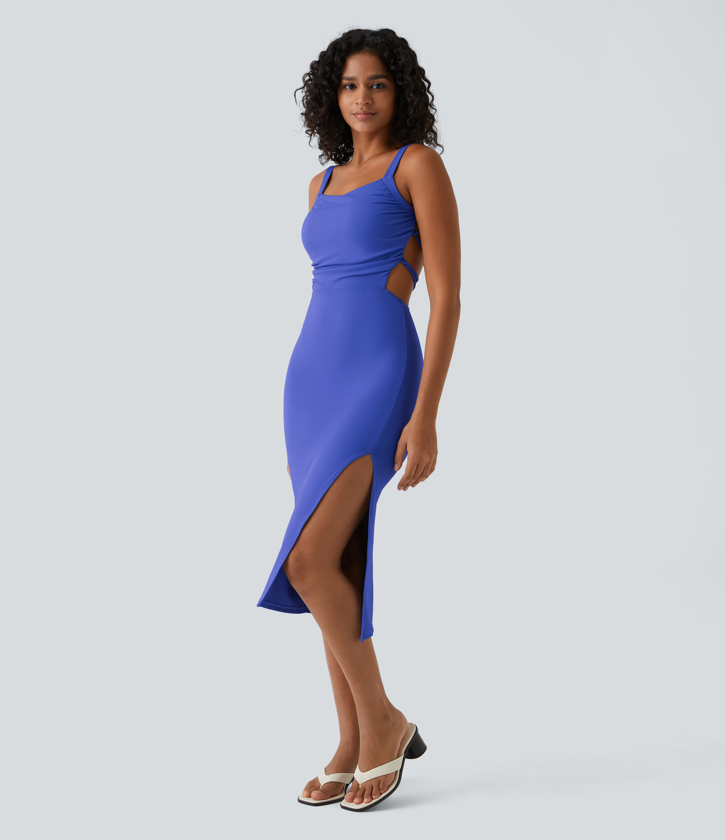 Halara Ruched Split Backless Crisscross Lace Up Bodycon Midi Casual Dress Casual Dress - Aster Blue - XS slip dress beach dress ruched dress 