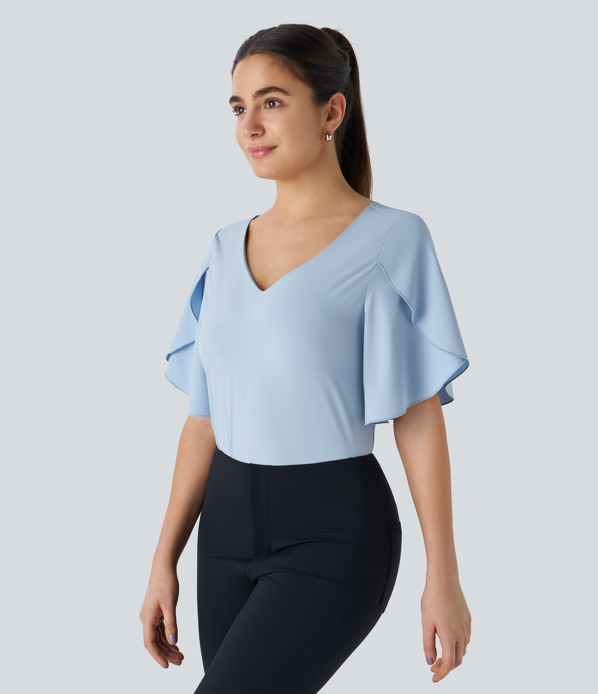 Halara Breezefulв„ў V Neck Ruffle Short Sleeve Quick Dry Work Blouse  - Ballad Blue - S 