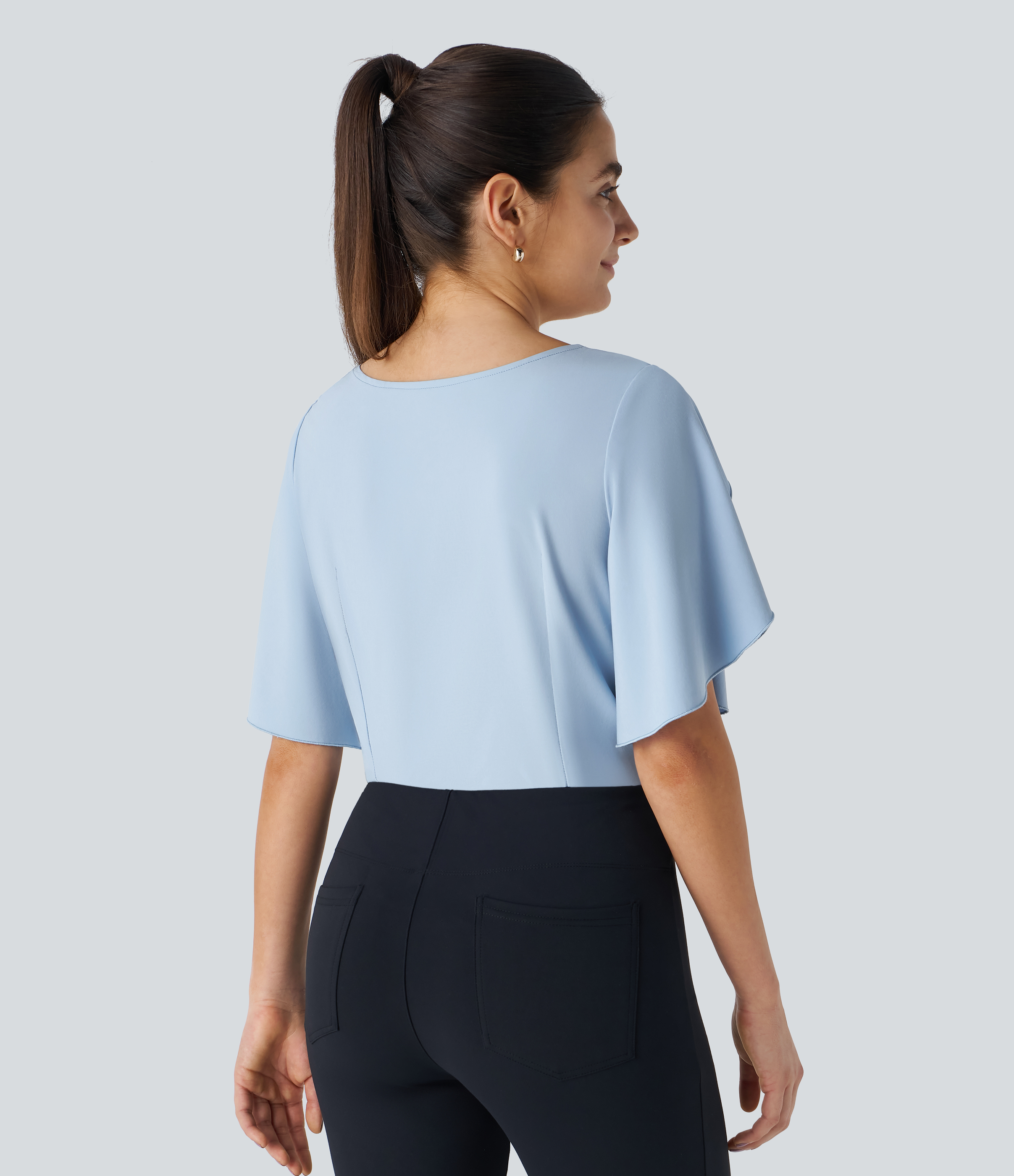 Halara Breezefulв„ў V Neck Ruffle Short Sleeve Quick Dry Work Blouse  - Ballad Blue - S 