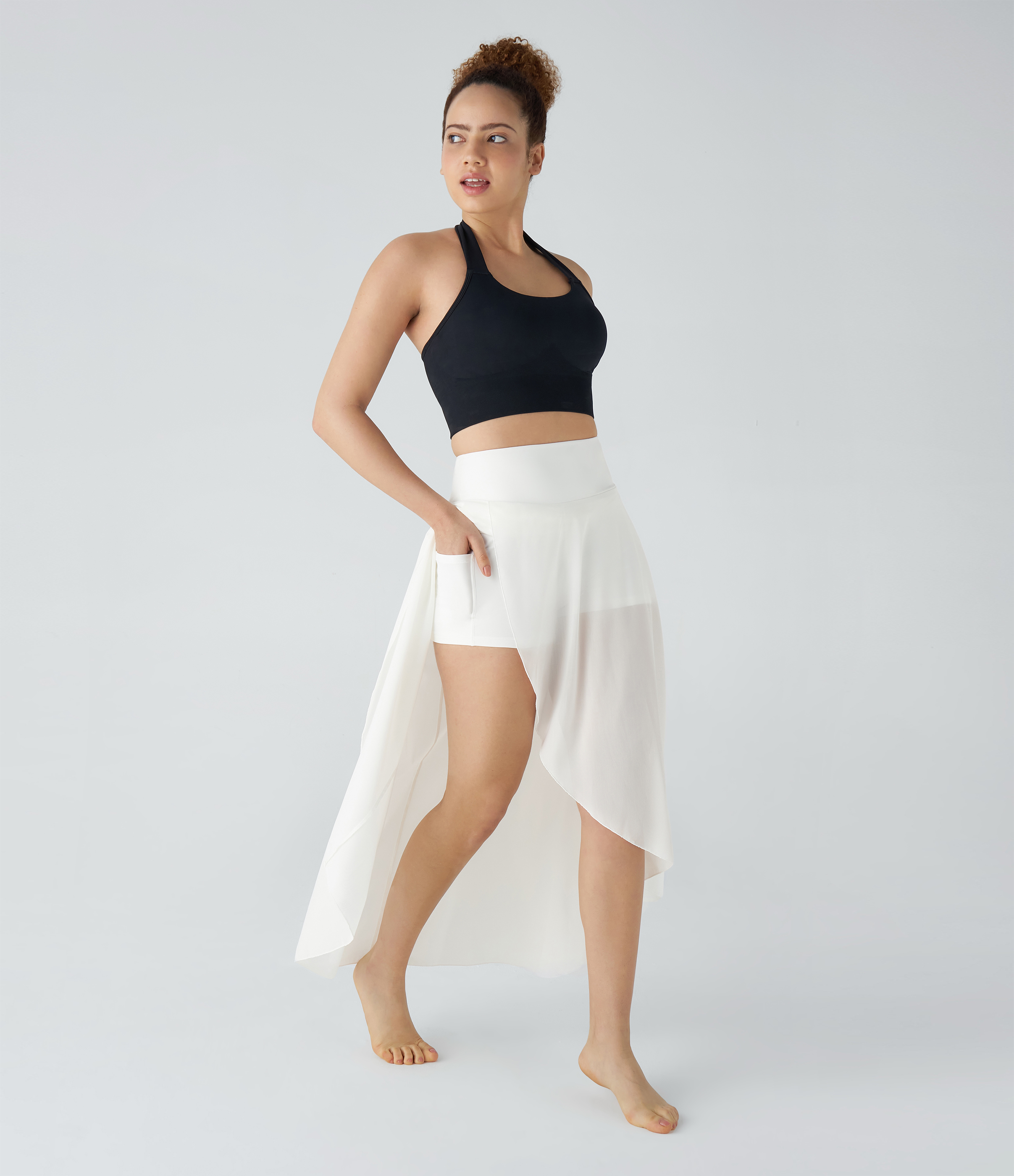 Halara High Waisted High Low Ruffle 2-in-1 Side Pocket Flare Mesh Casual Regular Maxi Skirt  - White - L midi skirt a line skirt 