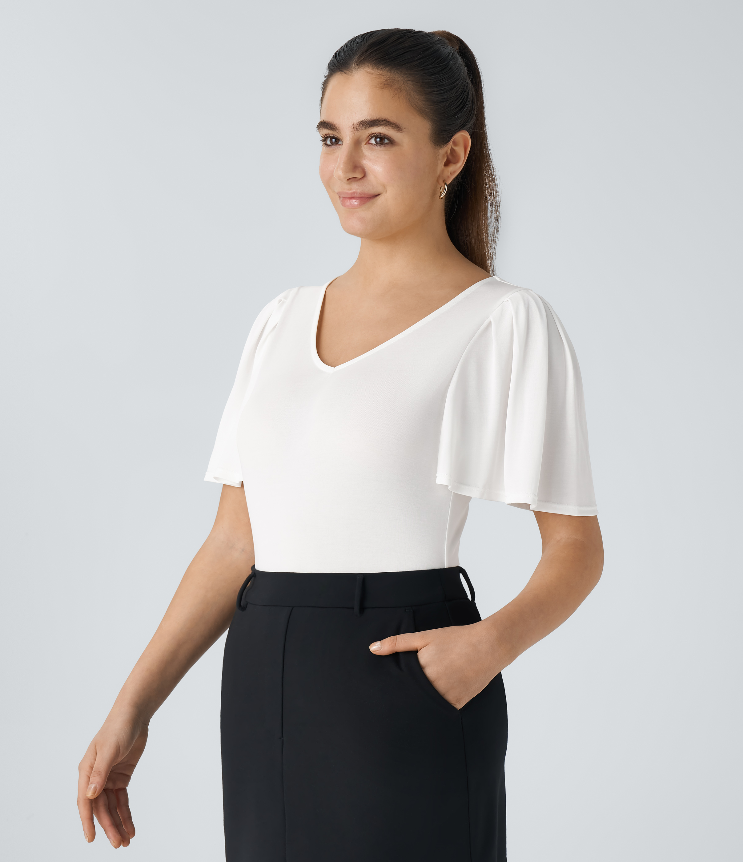 Halara V Neck Butterfly Sleeve Solid Work Top Tank Top - White - XS golf tops halter top tunic tops sleeveless tops backless top 