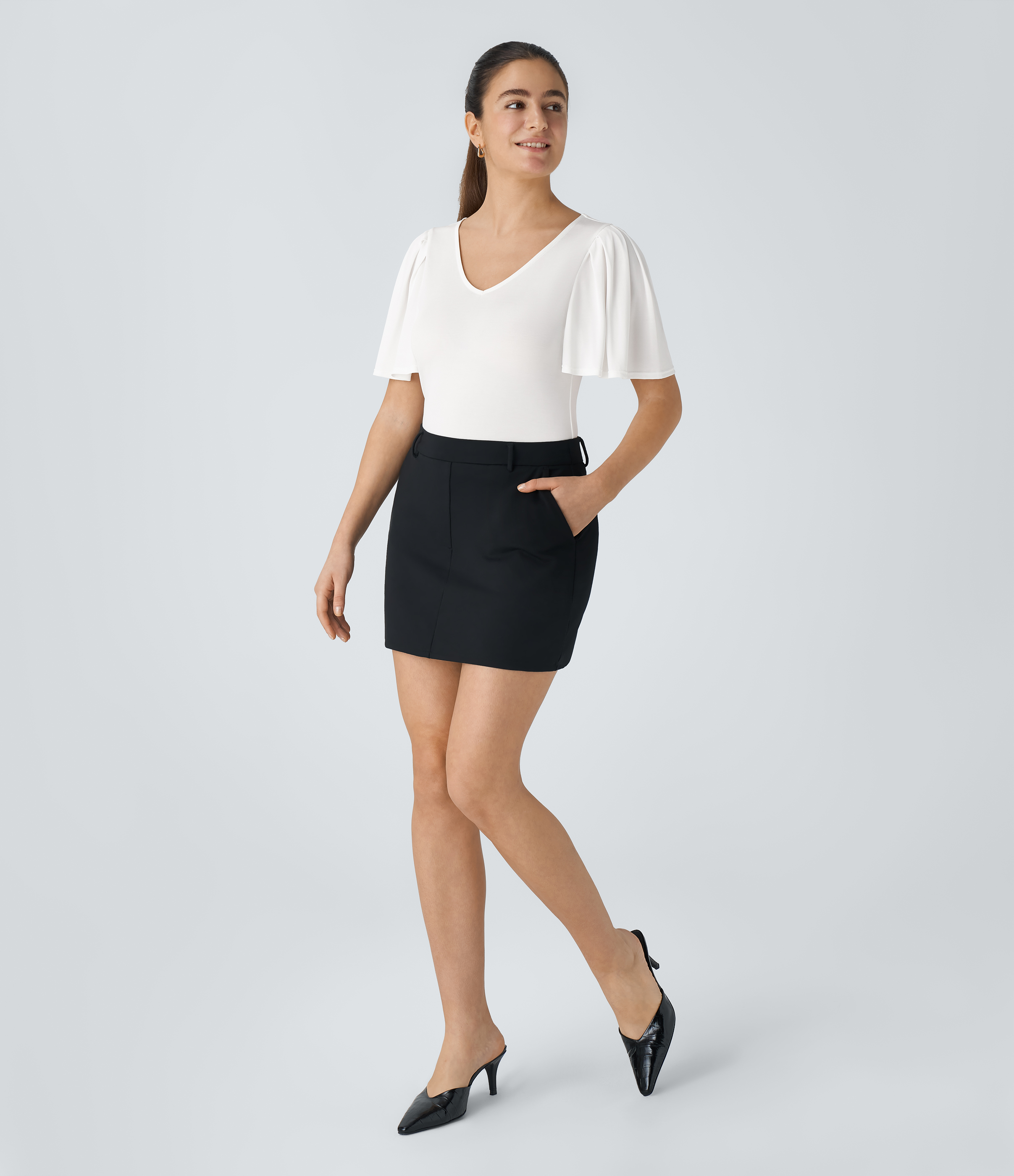 Halara V Neck Butterfly Sleeve Solid Work Top Tank Top - White - XS golf tops halter top tunic tops sleeveless tops backless top 