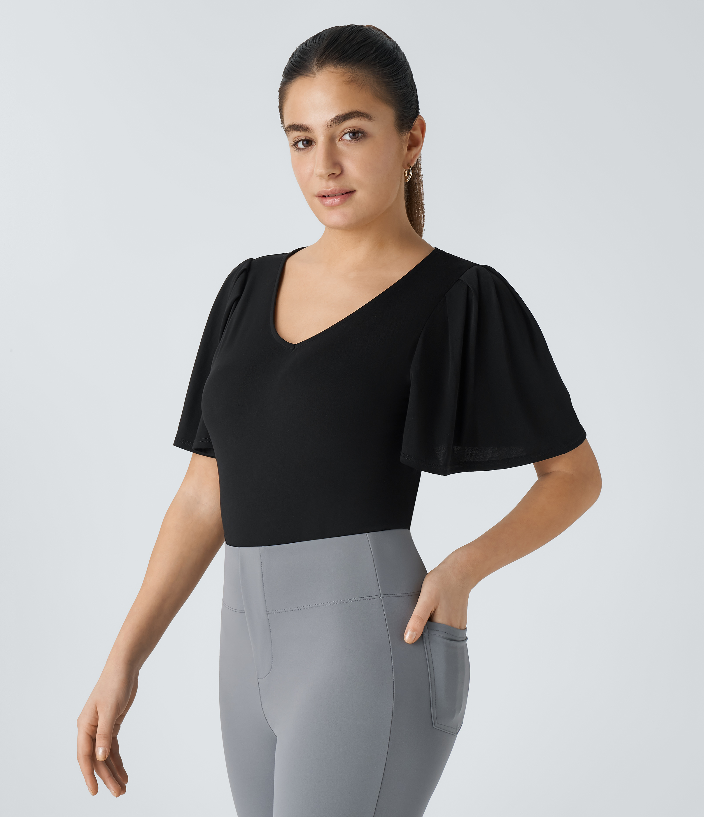 Halara V Neck Butterfly Sleeve Solid Work Top Tank Top - Black - XS golf tops halter top tunic tops sleeveless tops backless top 
