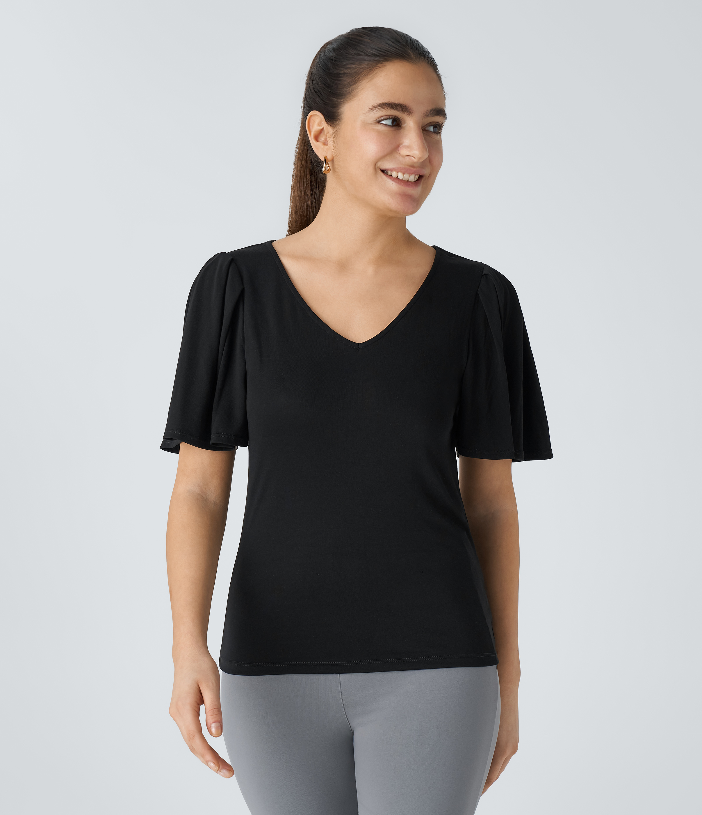 Halara V Neck Butterfly Sleeve Solid Work Top Tank Top - Black - XS golf tops halter top tunic tops sleeveless tops backless top 