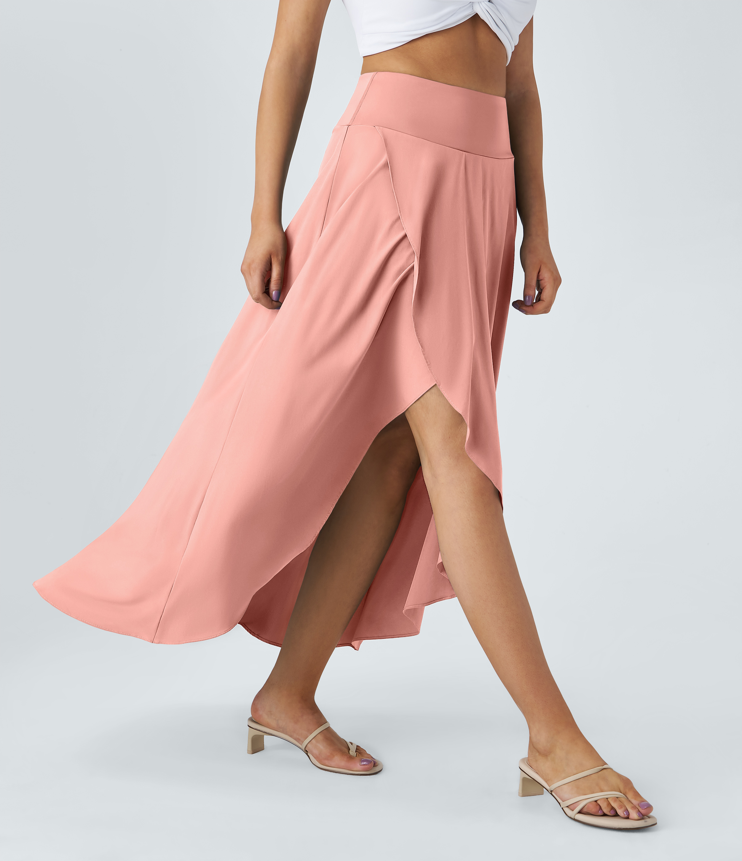 Halara Breezefulв„ў High Waisted High Low Ruffle 2-in-1 Flowy Quick Dry Casual Regular Maxi Skirt  - Peach Melba - XL(regular) 