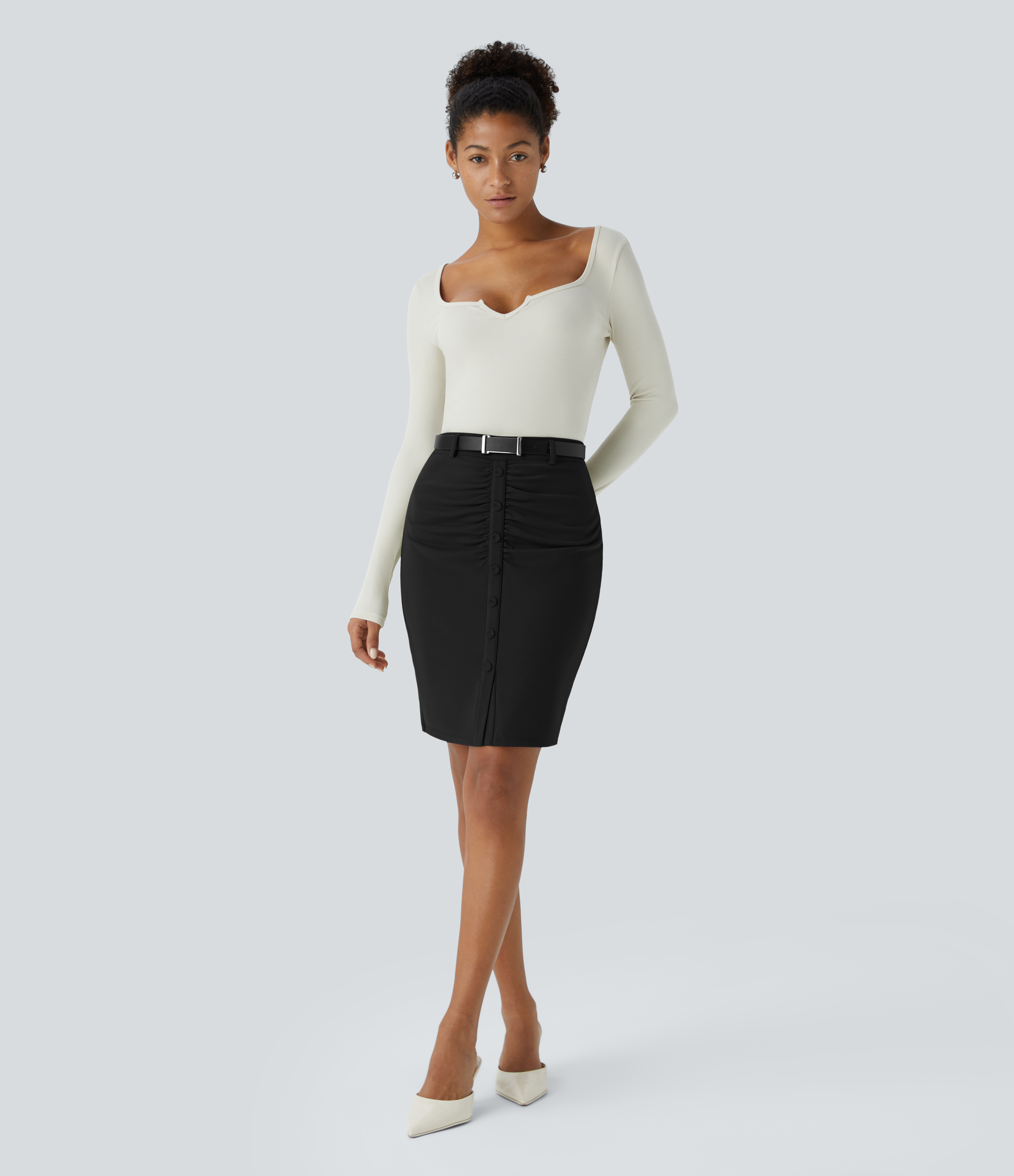 Halara High Waisted Decorative Button Ruched Split Hem Work Pencil Skirt  - Black - XL(regular) 