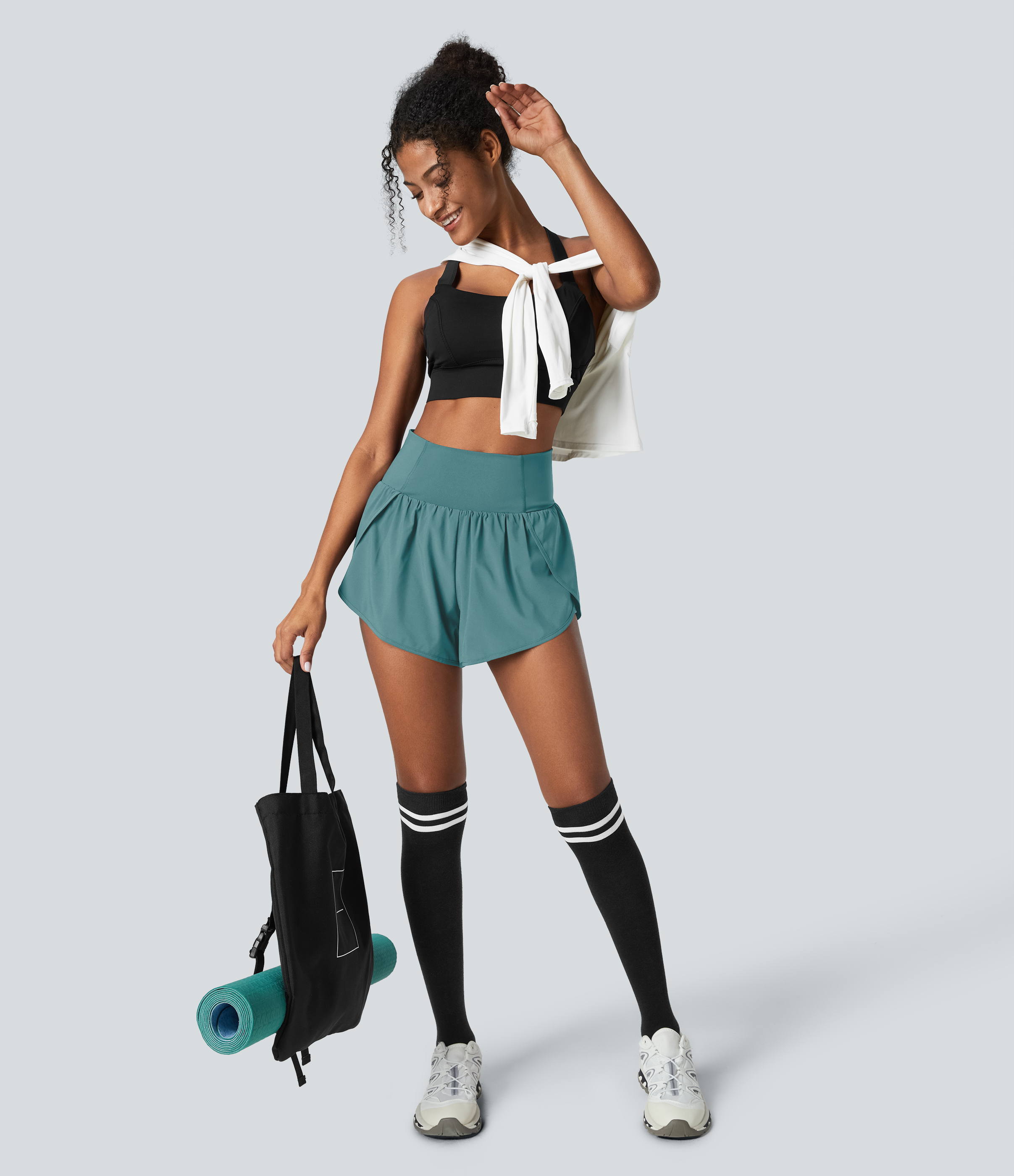 Halara Breezefulв„ў High Waisted Crossover Petal Hem 2-in-1 Side Pocket Quick Dry Yoga Shorts Gym Short - Mineral Blue - S booty shorts 