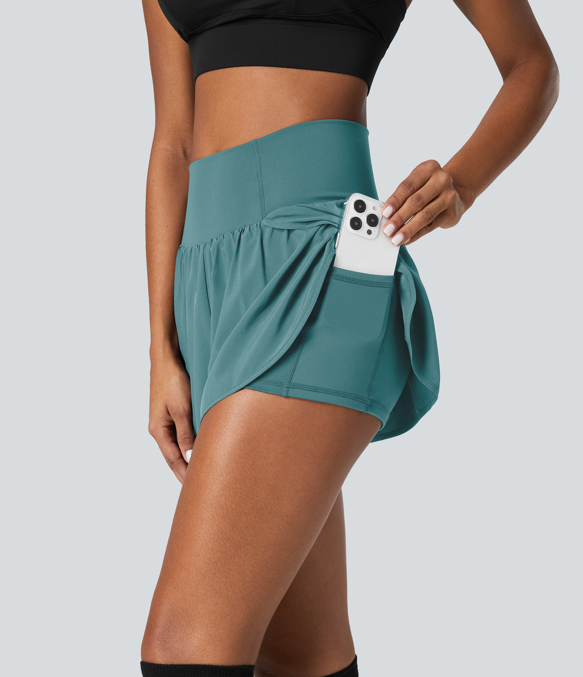 Halara Breezefulв„ў High Waisted Crossover Petal Hem 2-in-1 Side Pocket Quick Dry Yoga Shorts Gym Short - Mineral Blue - S booty shorts 
