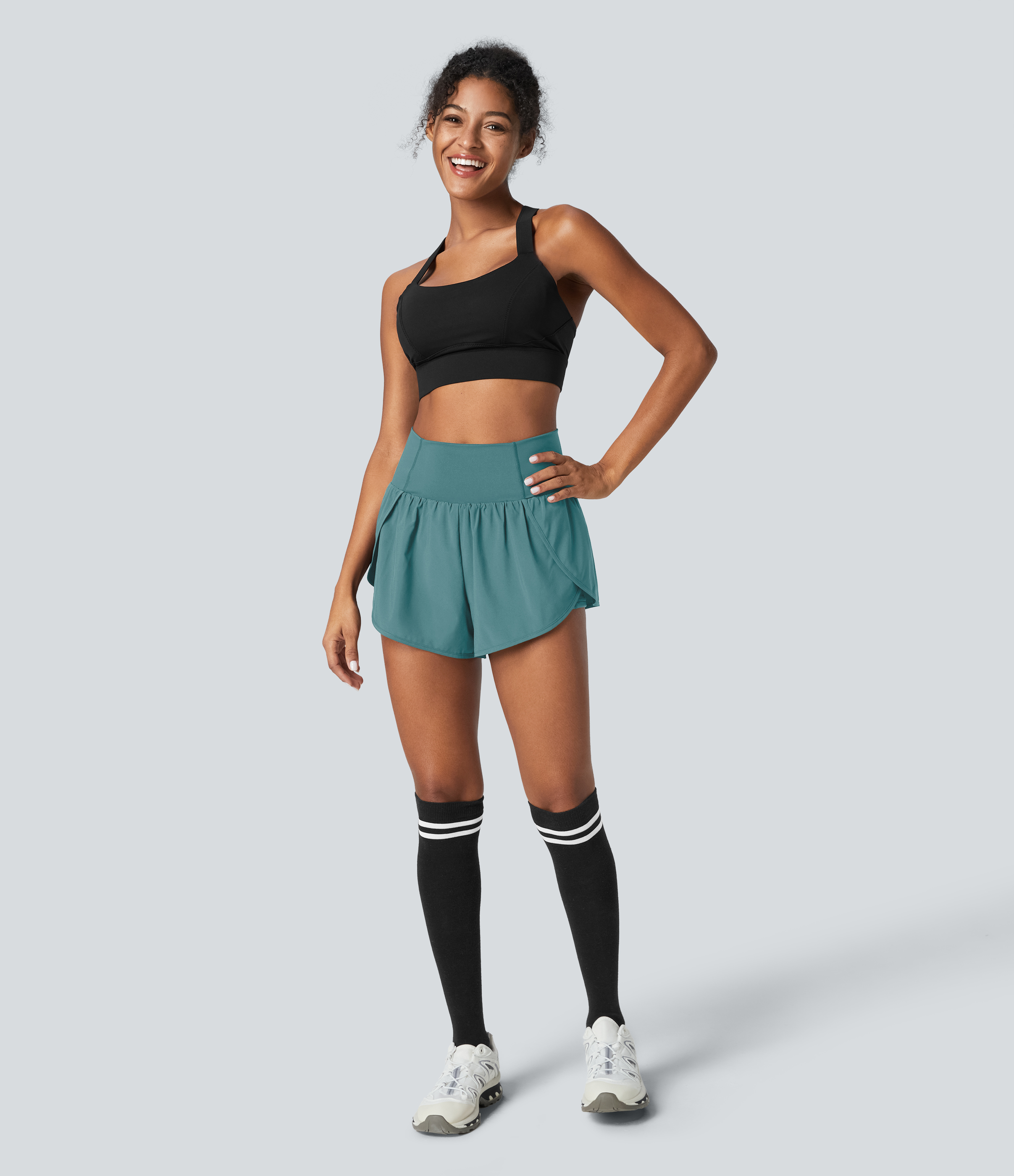 Halara Breezefulв„ў High Waisted Crossover Petal Hem 2-in-1 Side Pocket Quick Dry Yoga Shorts Gym Short - Mineral Blue - S booty shorts 
