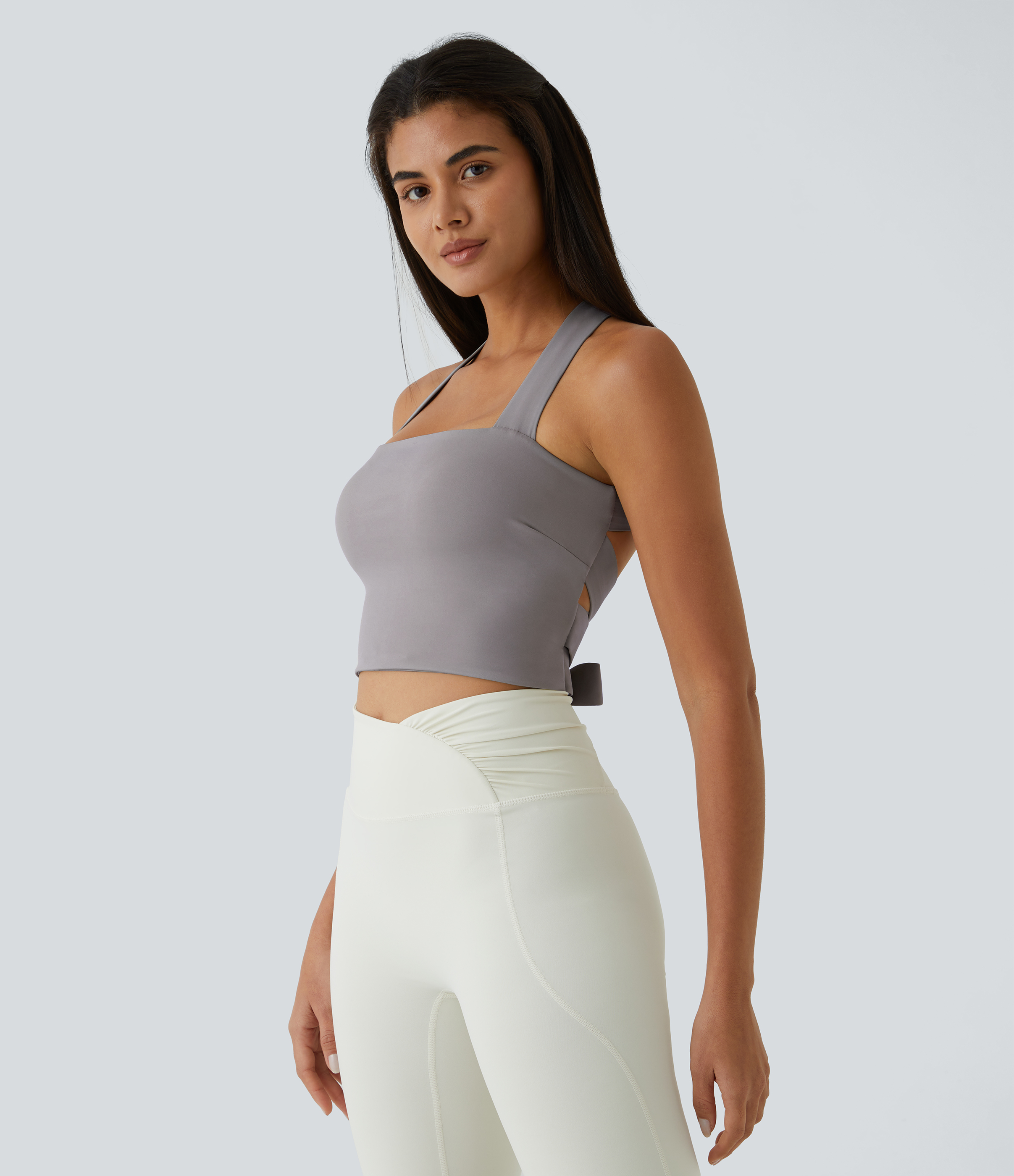 Halara Softlyzeroв„ў Airy Backless Padded Crisscross Tie Back Cool Touch Workout Cropped Tank Top Tank Top - Frost Gray - XS golf tops 