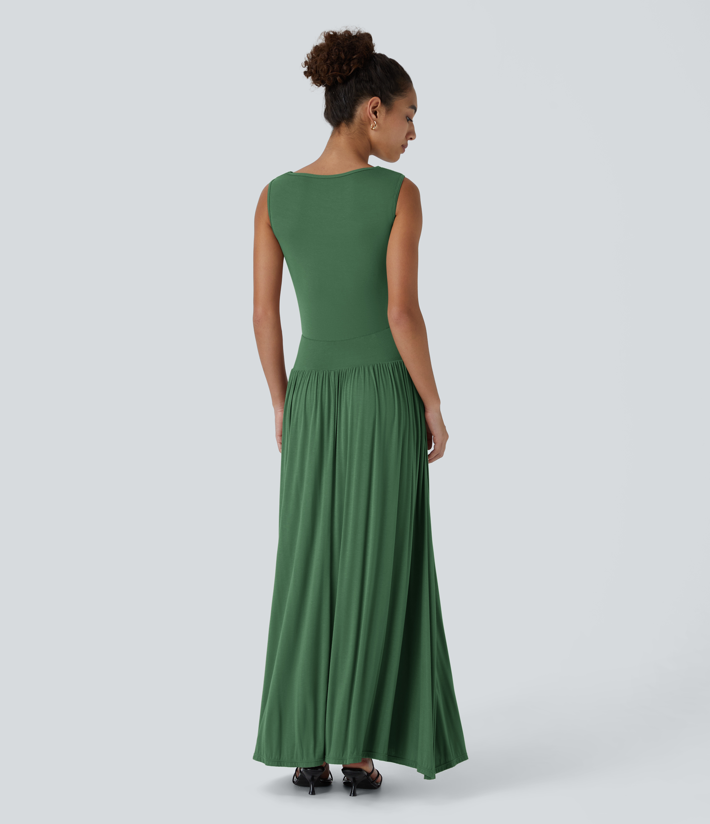 Halara Ribbed Boat Neck Ruched Side Pocket Flowy Maxi Casual Dress Casual Dress - Dark Verdant Green - L slip dress beach dress ruched dress 