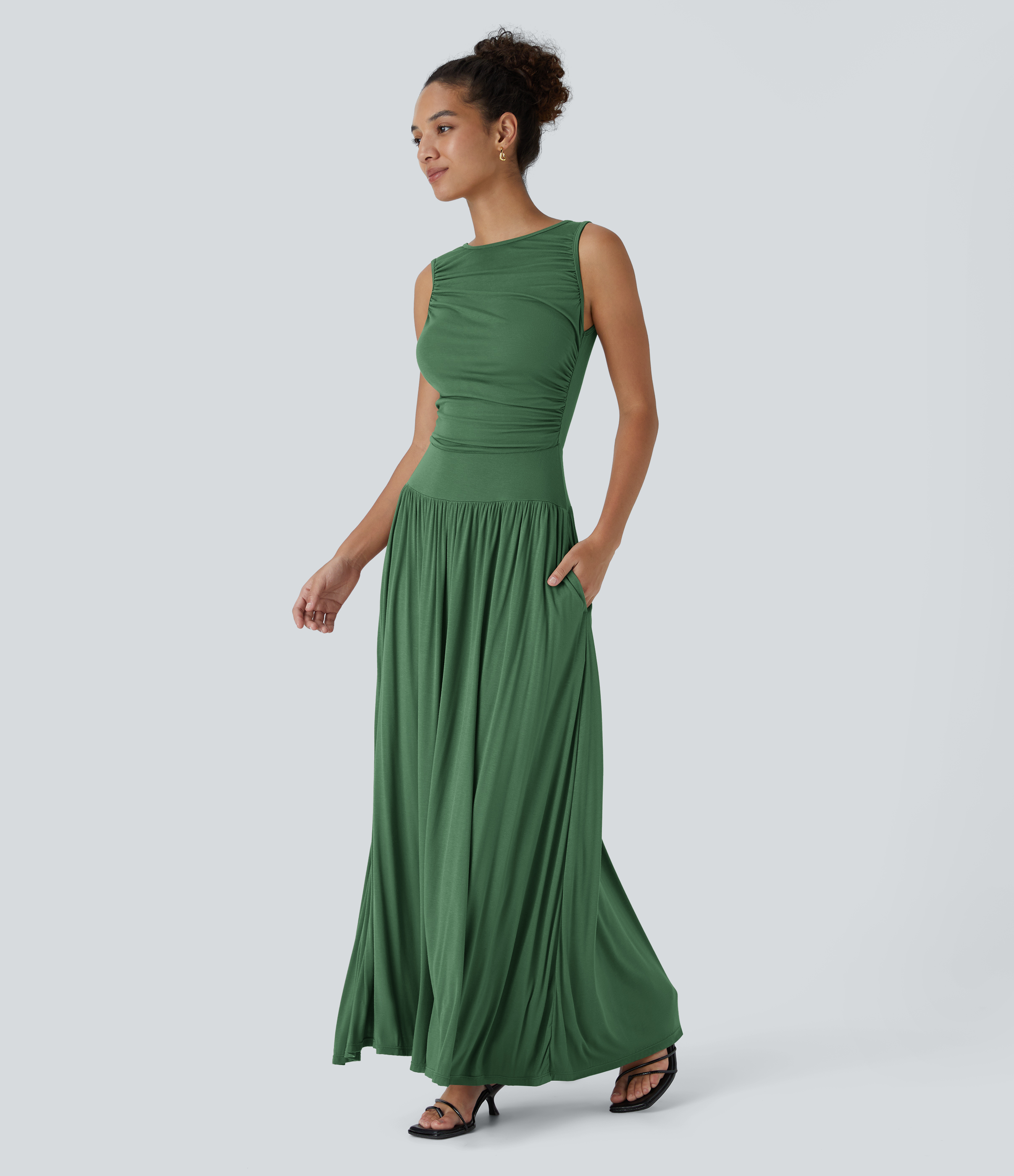 Halara Ribbed Boat Neck Ruched Side Pocket Flowy Maxi Casual Dress Casual Dress - Dark Verdant Green - L slip dress beach dress ruched dress 