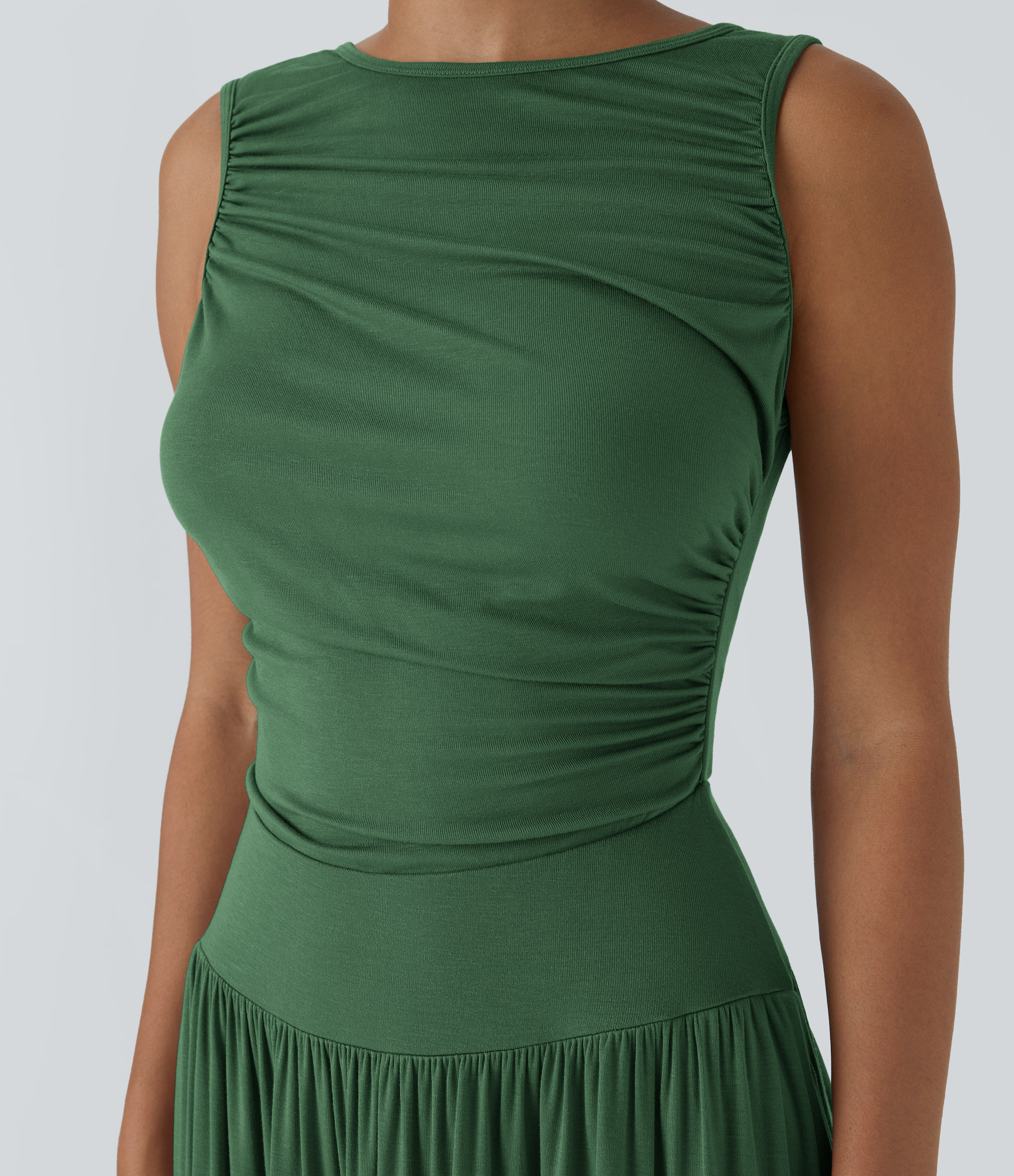 Halara Ribbed Boat Neck Ruched Side Pocket Flowy Maxi Casual Dress Casual Dress - Dark Verdant Green - L slip dress beach dress ruched dress 
