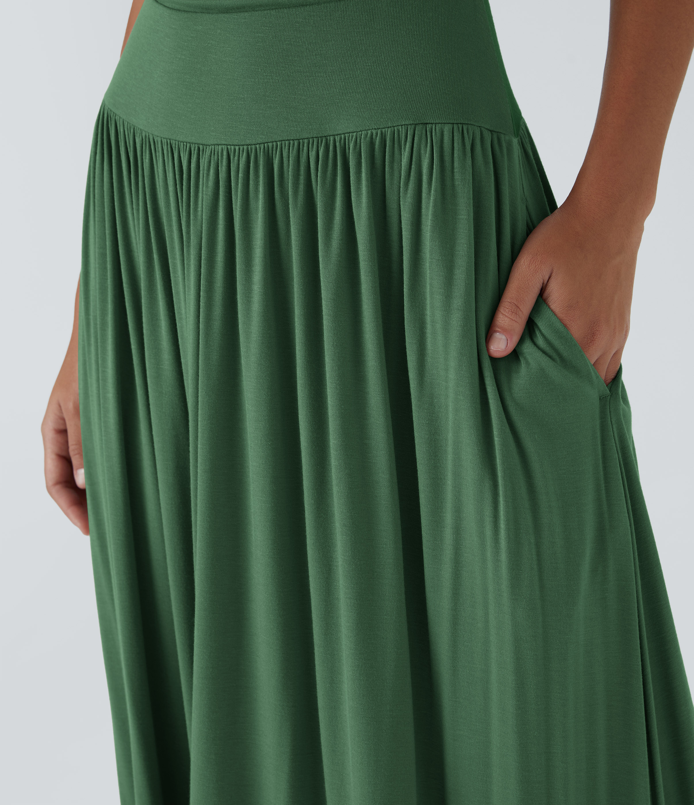 Halara Ribbed Boat Neck Ruched Side Pocket Flowy Maxi Casual Dress Casual Dress - Dark Verdant Green - L slip dress beach dress ruched dress 