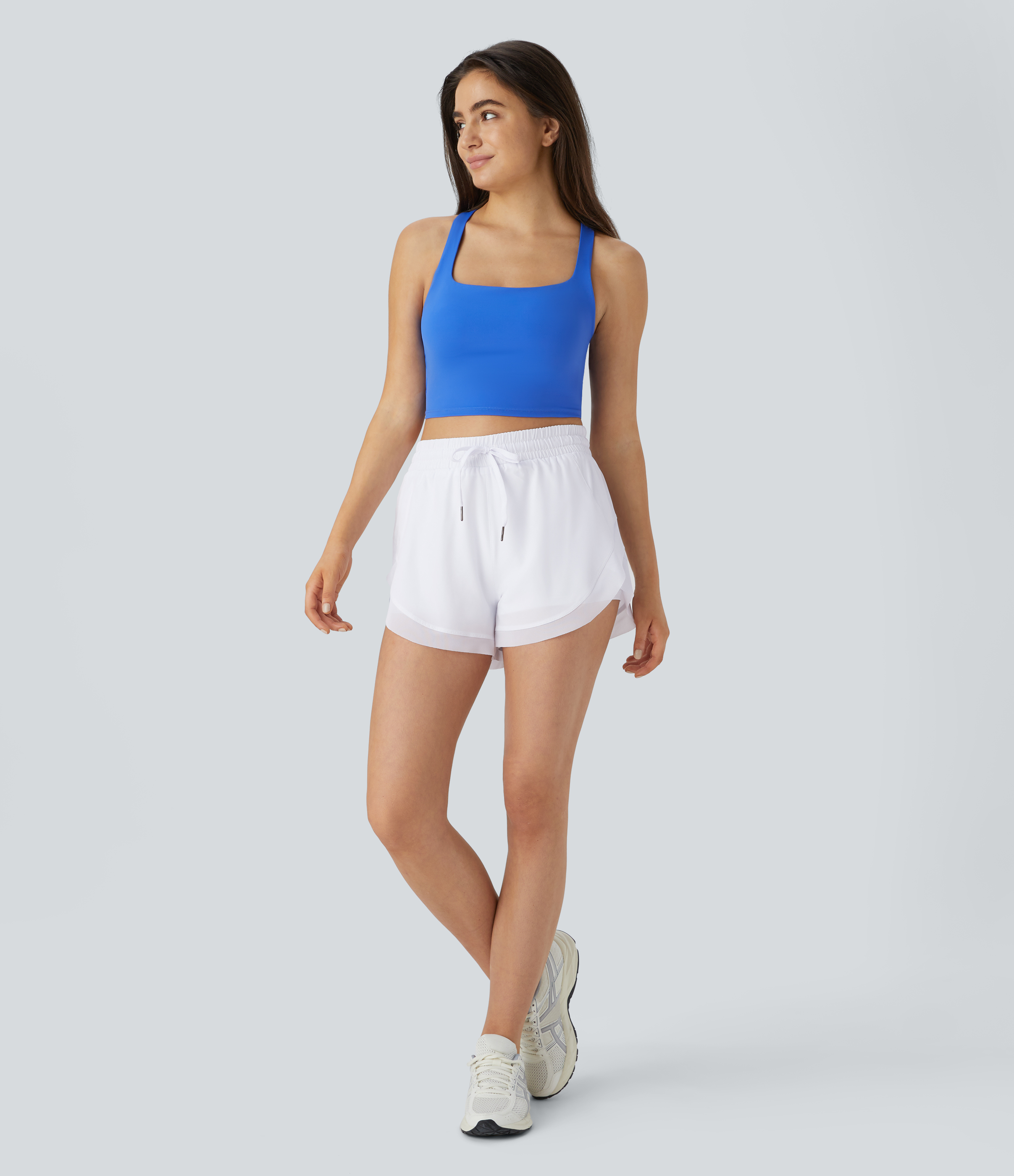 Halara Drawstring Contrast Flowy Mesh 2-in-1 Shorts Gym Short - White - L booty shorts compression shorts yoga shorts 