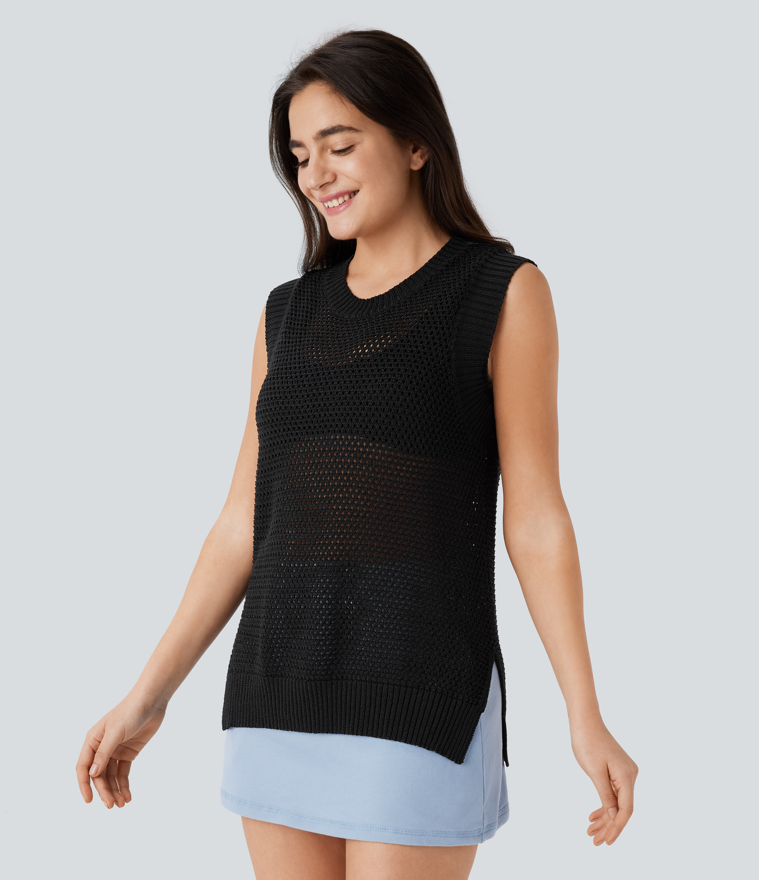 Halara Round Neck Split Hollow Out Casual Knit Tank Top  - Black - M 