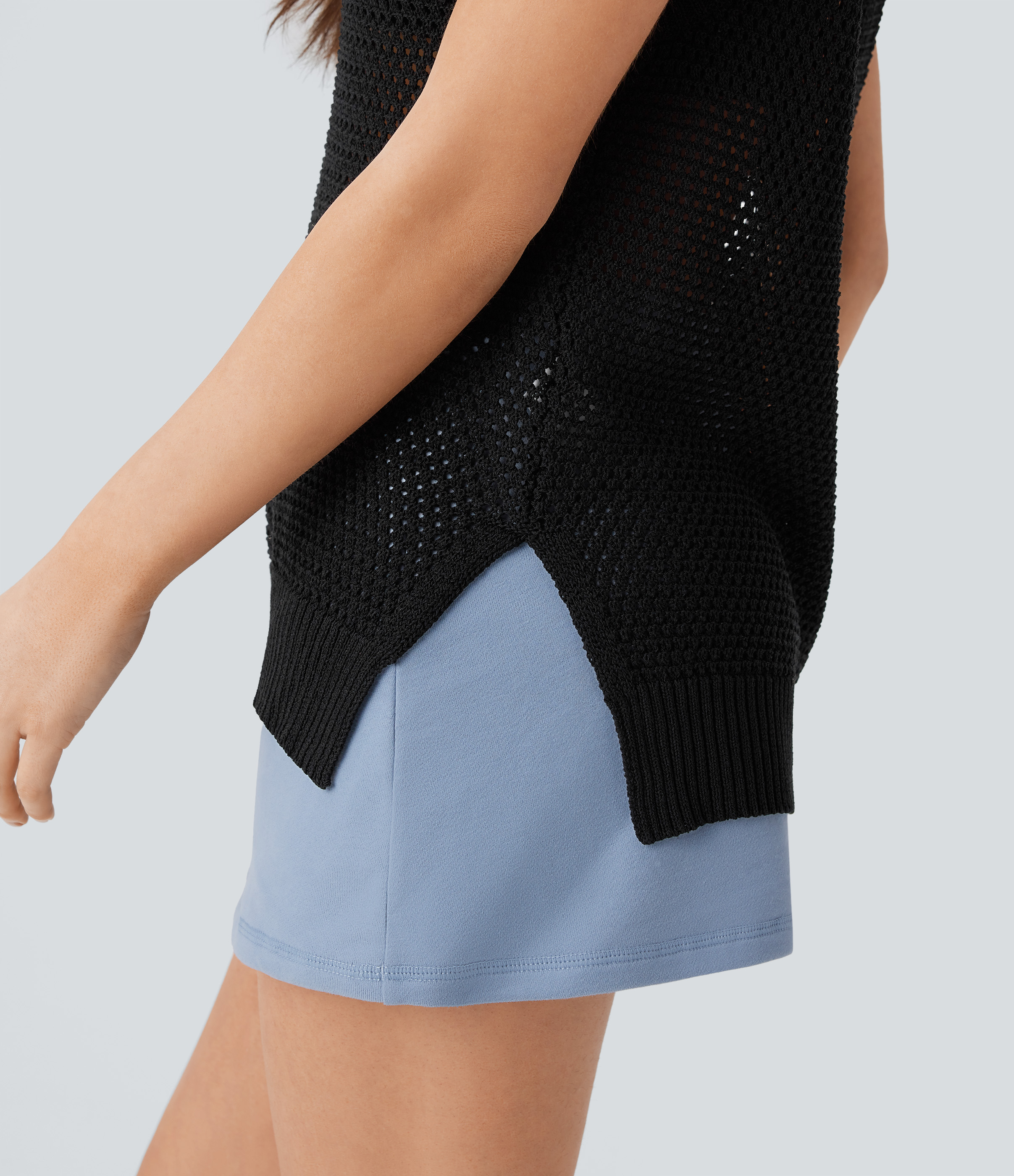 Halara Round Neck Split Hollow Out Casual Knit Tank Top  - Black - M 