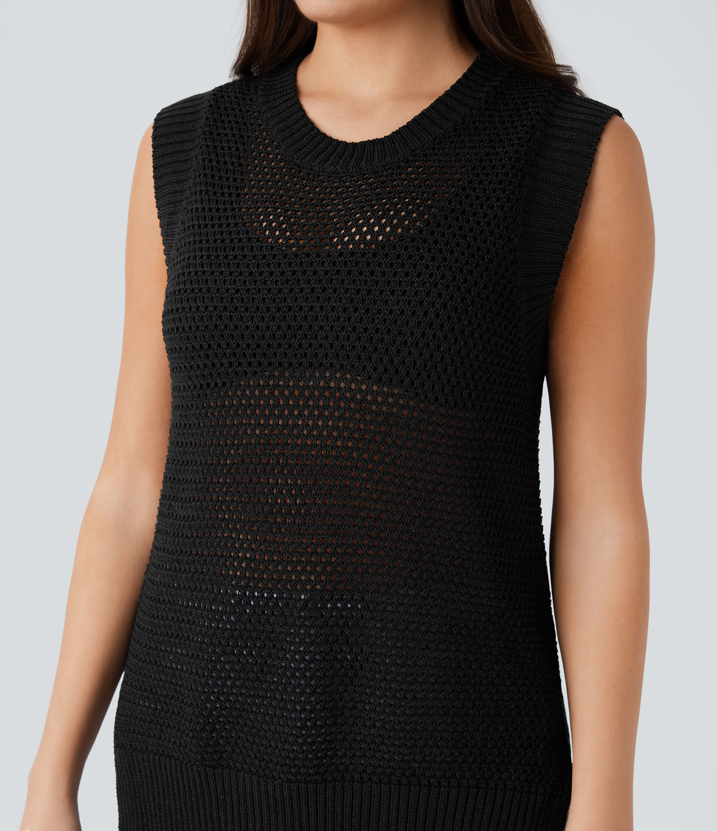 Halara Round Neck Split Hollow Out Casual Knit Tank Top  - Black - M 