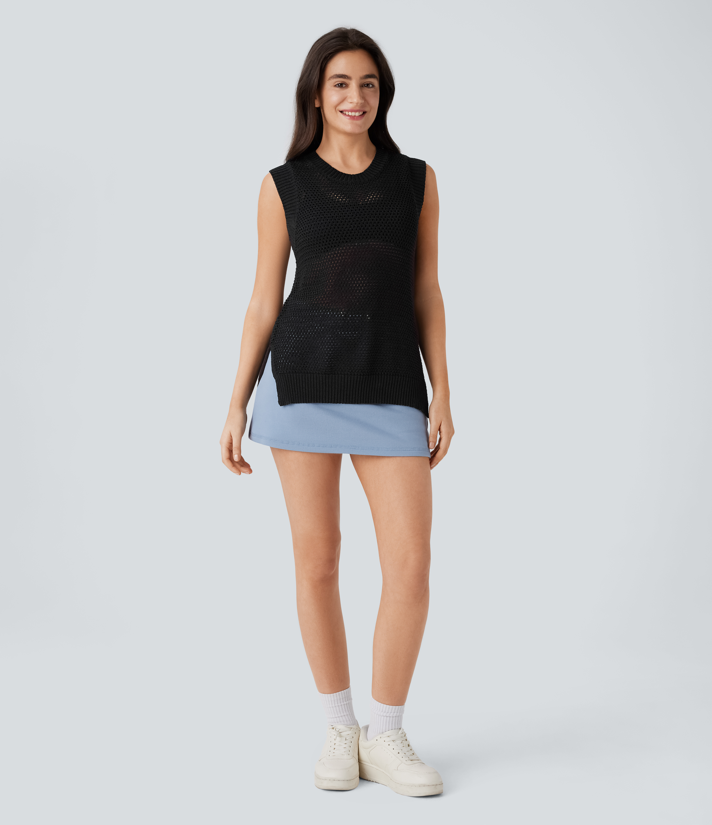 Halara Round Neck Split Hollow Out Casual Knit Tank Top  - Black - M 
