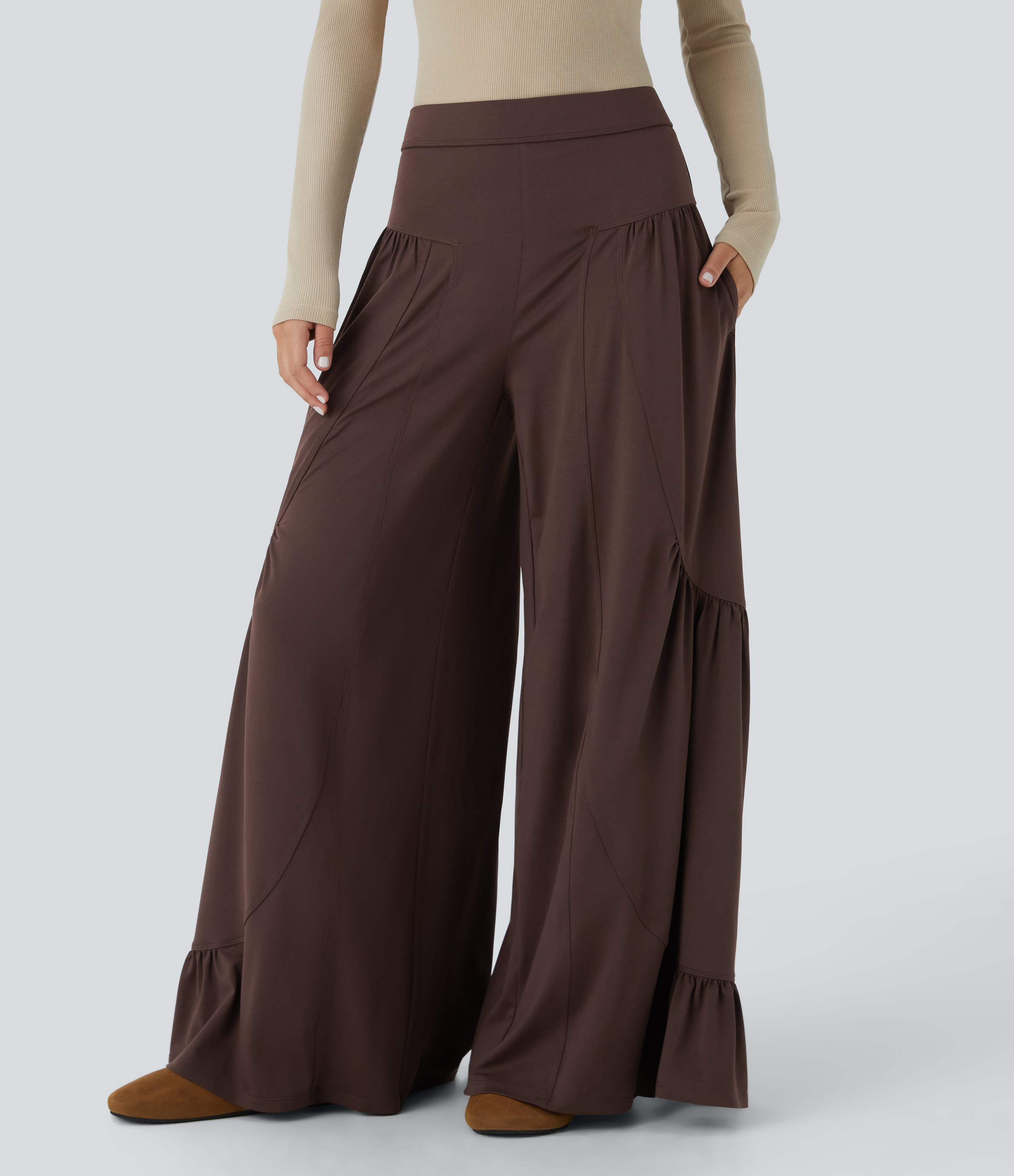 Halara Mid Rise Side Pocket Ruffle Hem Wide Leg Palazzo Casual Pants  - Chestnut - XS(regular) sweatpants jogger pants stacked sweatpants 