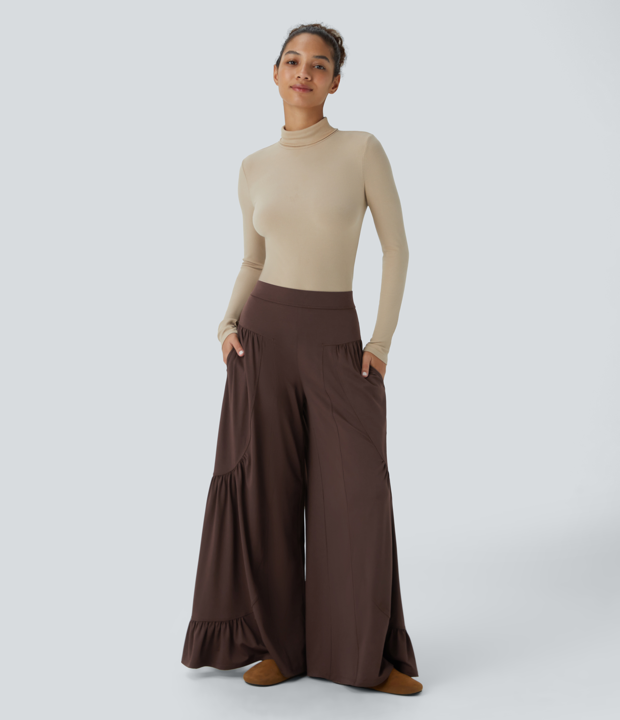 Halara Mid Rise Side Pocket Ruffle Hem Wide Leg Palazzo Casual Pants  - Chestnut - XS(regular) sweatpants jogger pants stacked sweatpants 