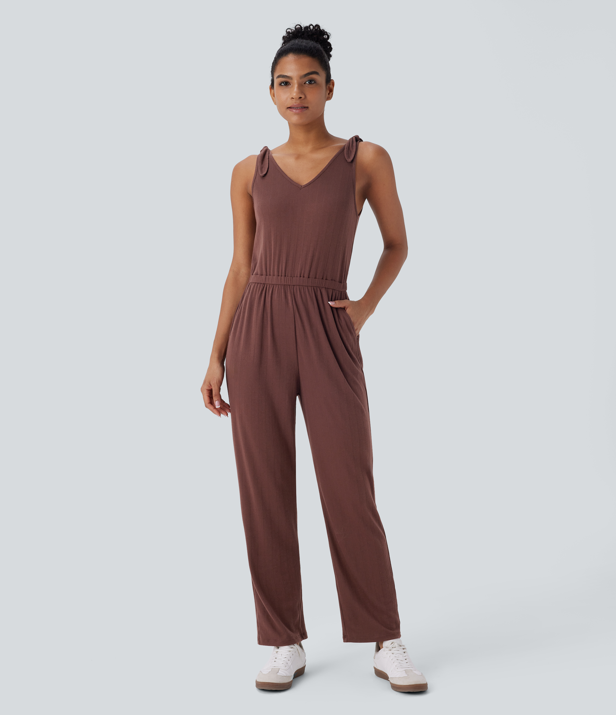 Ribbed Knit Knot V Neck Sleeveless Pocket Casual Jumpsuit