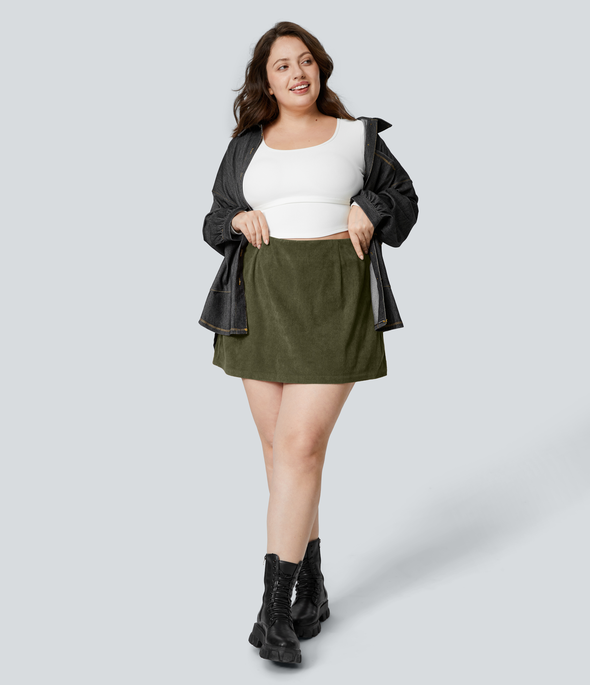 Halara High Waisted Invisible Zipper 2-in-1 A Line Mini Corduroy Casual Plus Size Skirt  - Icy Bamboo Green - 1X(regular) 