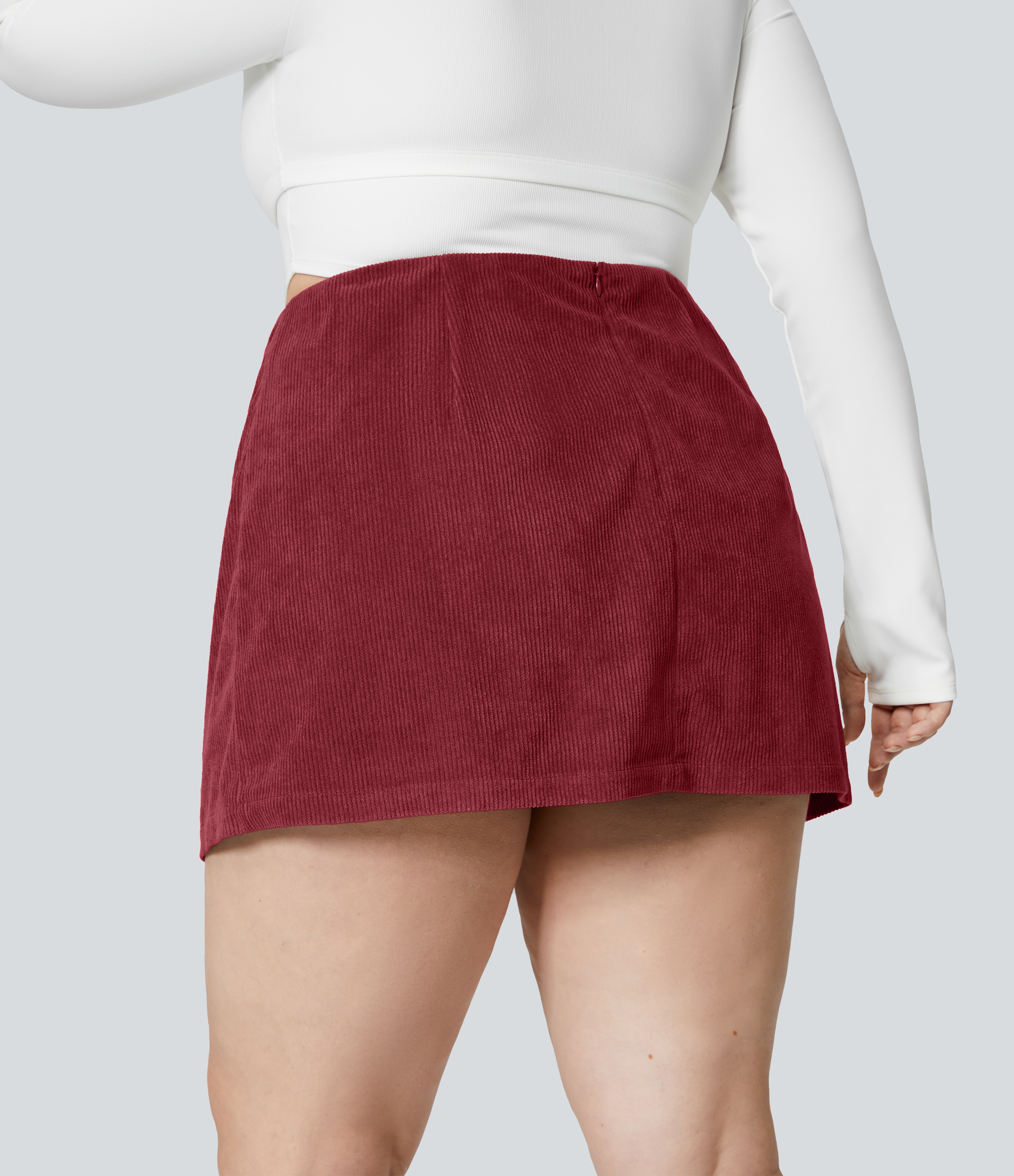Halara High Waisted Invisible Zipper 2-in-1 A Line Mini Corduroy Casual Plus Size Skirt  - Pomegranate - 3X(regular) 