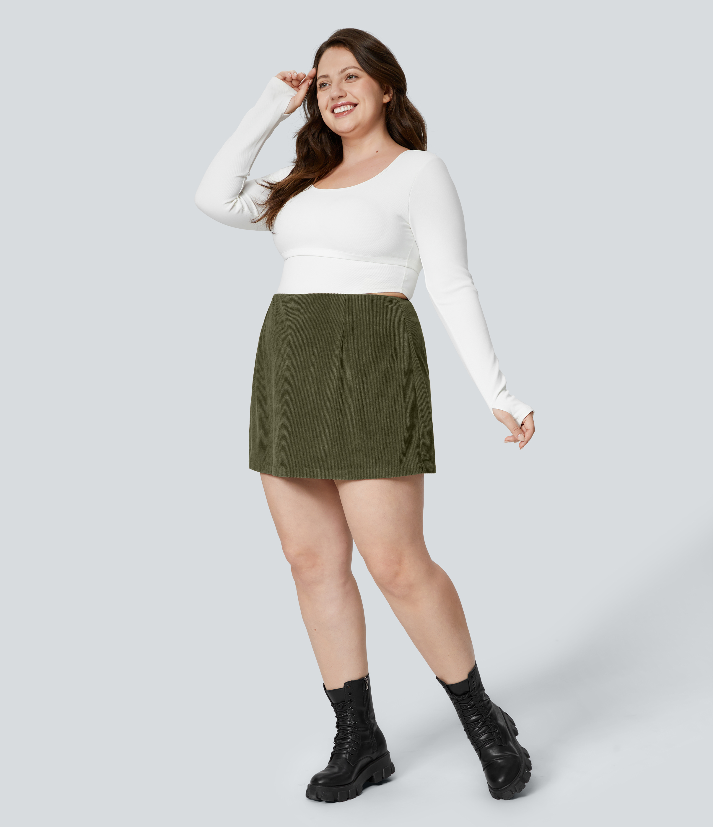 Halara High Waisted Invisible Zipper 2-in-1 A Line Mini Corduroy Casual Plus Size Skirt  - Icy Bamboo Green - 1X(regular) 