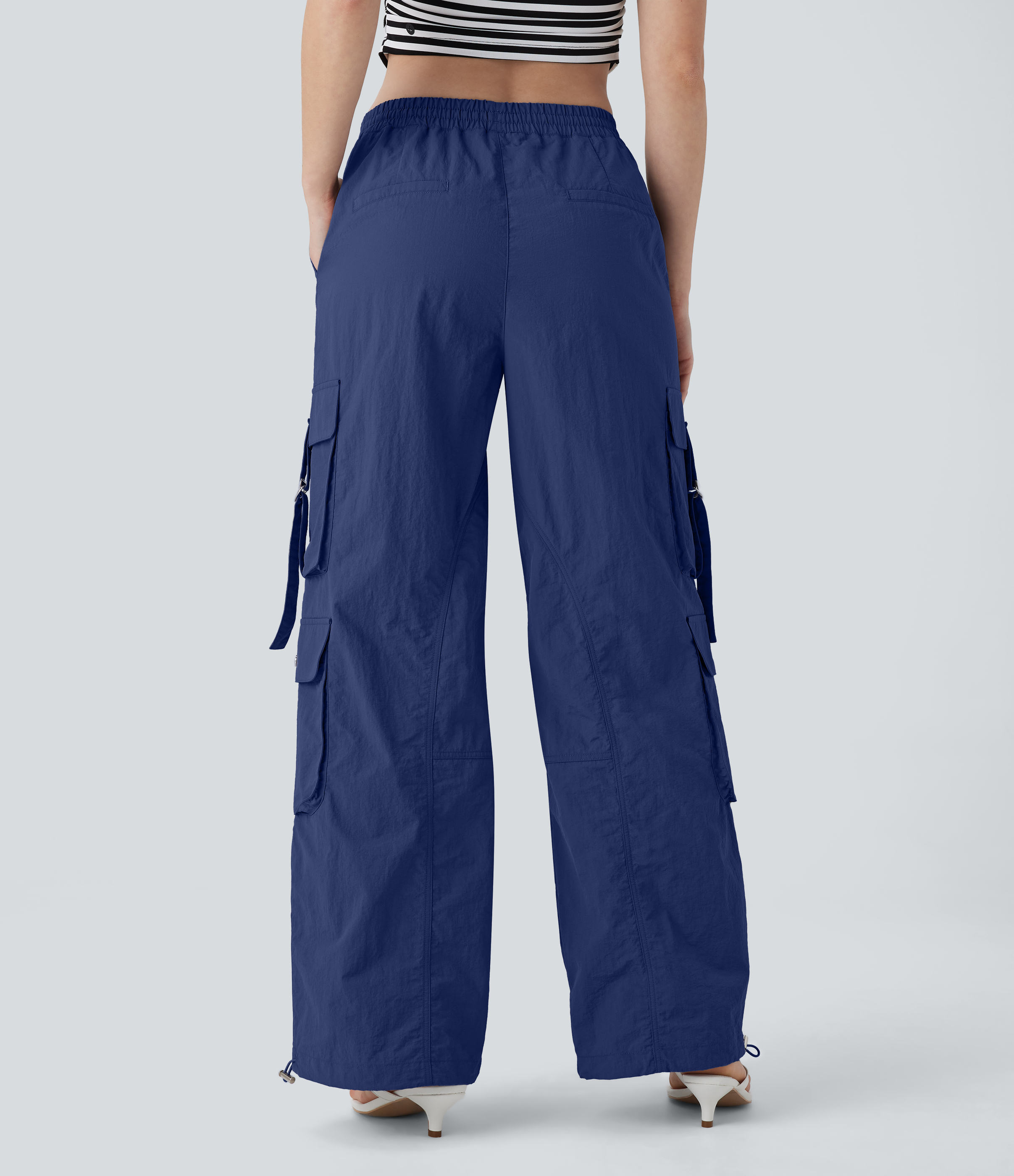 Halara Mid Rise Drawstring Multiple Pockets Adjustable Drawcord Baggy Casual Cargo Pants  - Dark Blue - L(regular) sweatpants jogger pants 