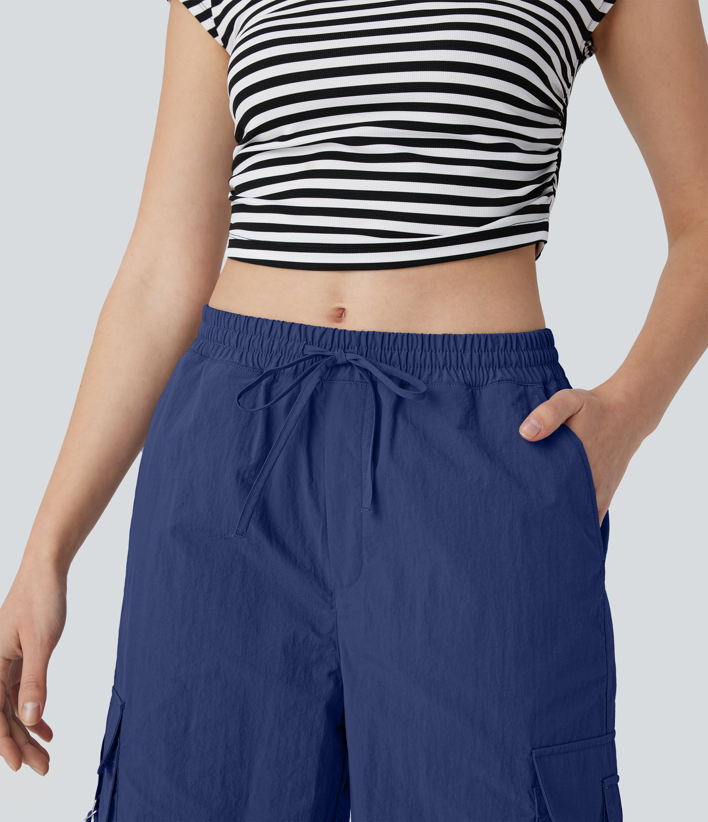 Halara Mid Rise Drawstring Multiple Pockets Adjustable Drawcord Baggy Casual Cargo Pants  - Dark Blue - L(regular) sweatpants jogger pants 