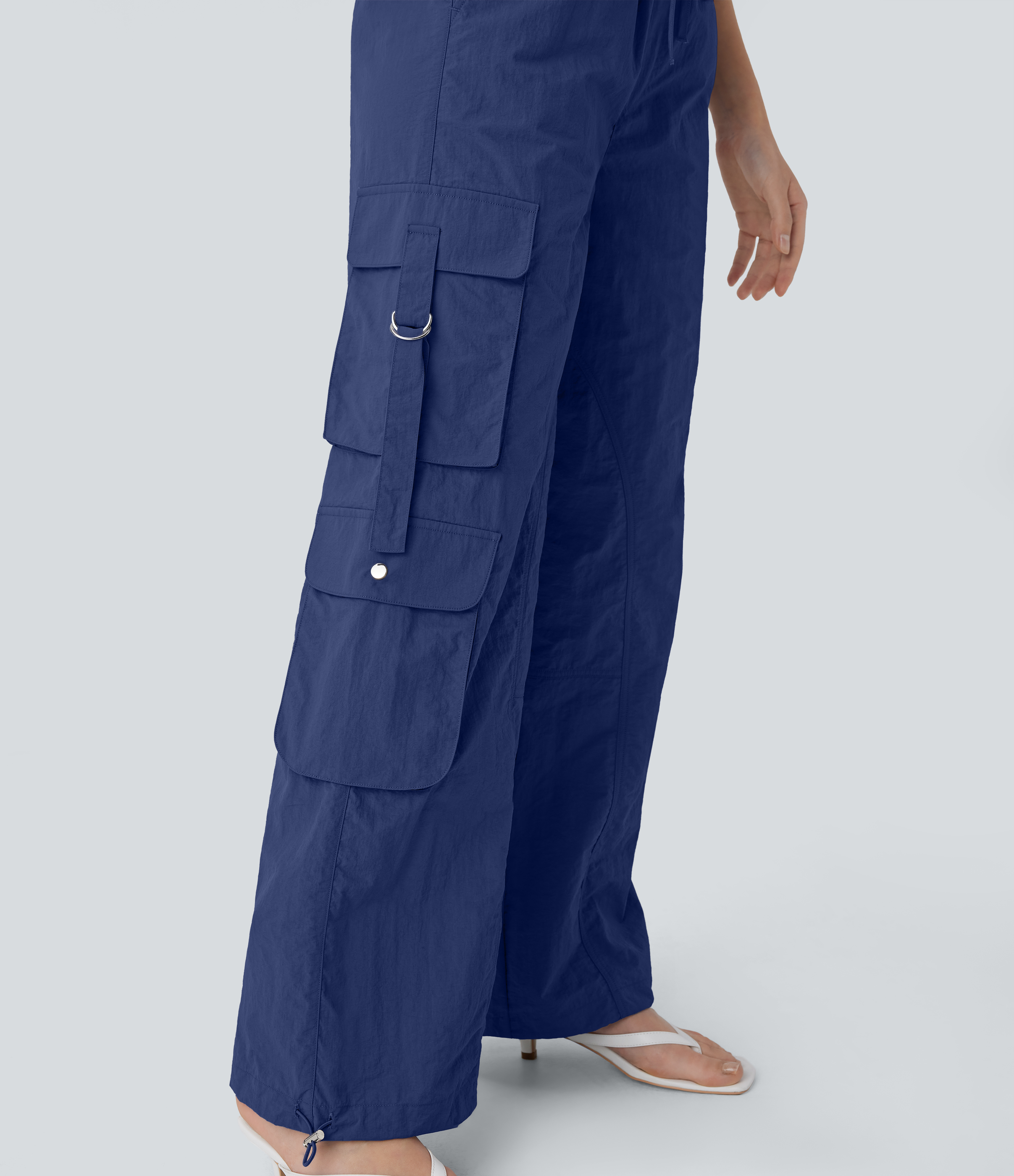 Halara Mid Rise Drawstring Multiple Pockets Adjustable Drawcord Baggy Casual Cargo Pants  - Dark Blue - L(regular) sweatpants jogger pants 