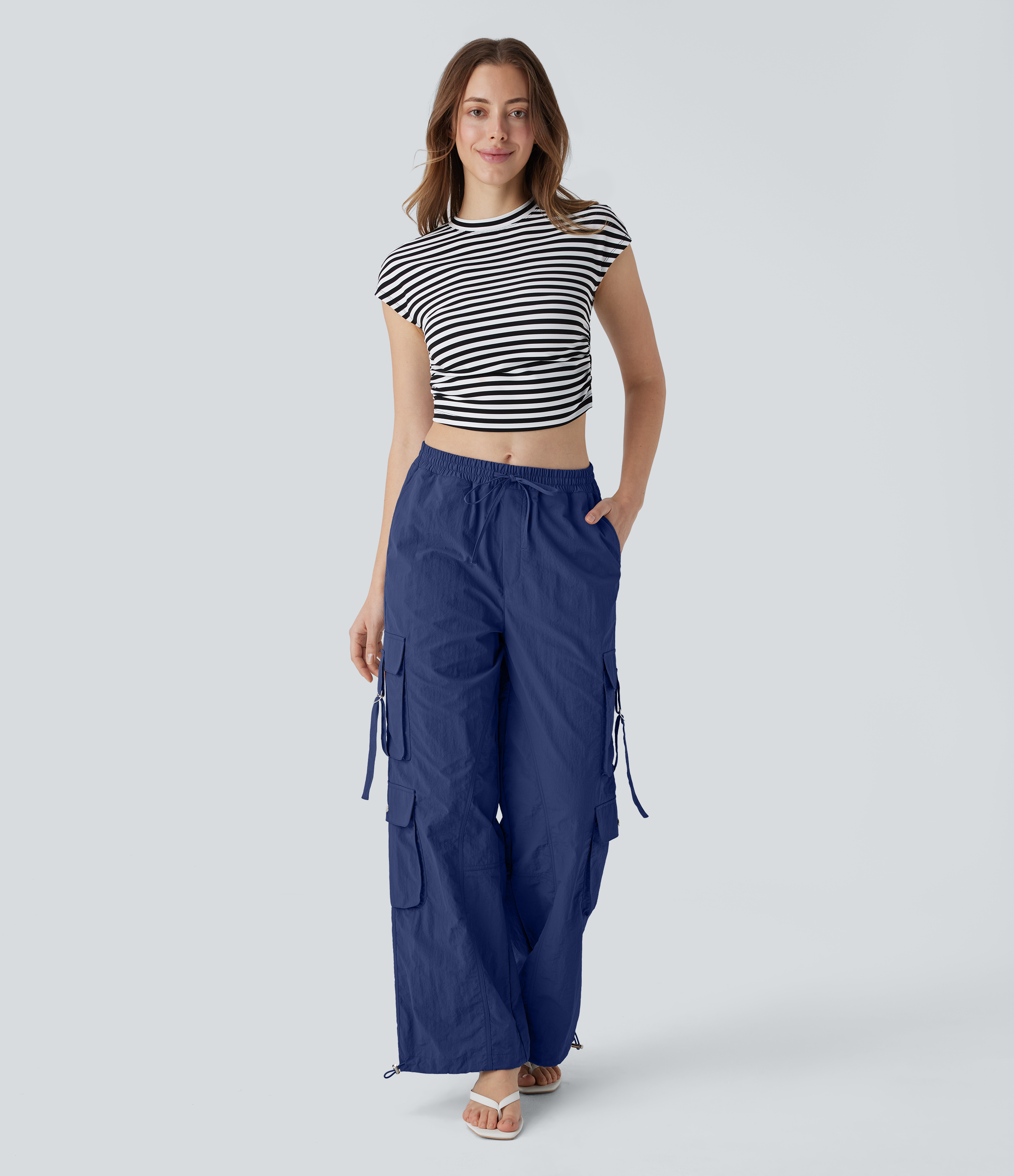 Halara Mid Rise Drawstring Multiple Pockets Adjustable Drawcord Baggy Casual Cargo Pants  - Dark Blue - L(regular) sweatpants jogger pants 
