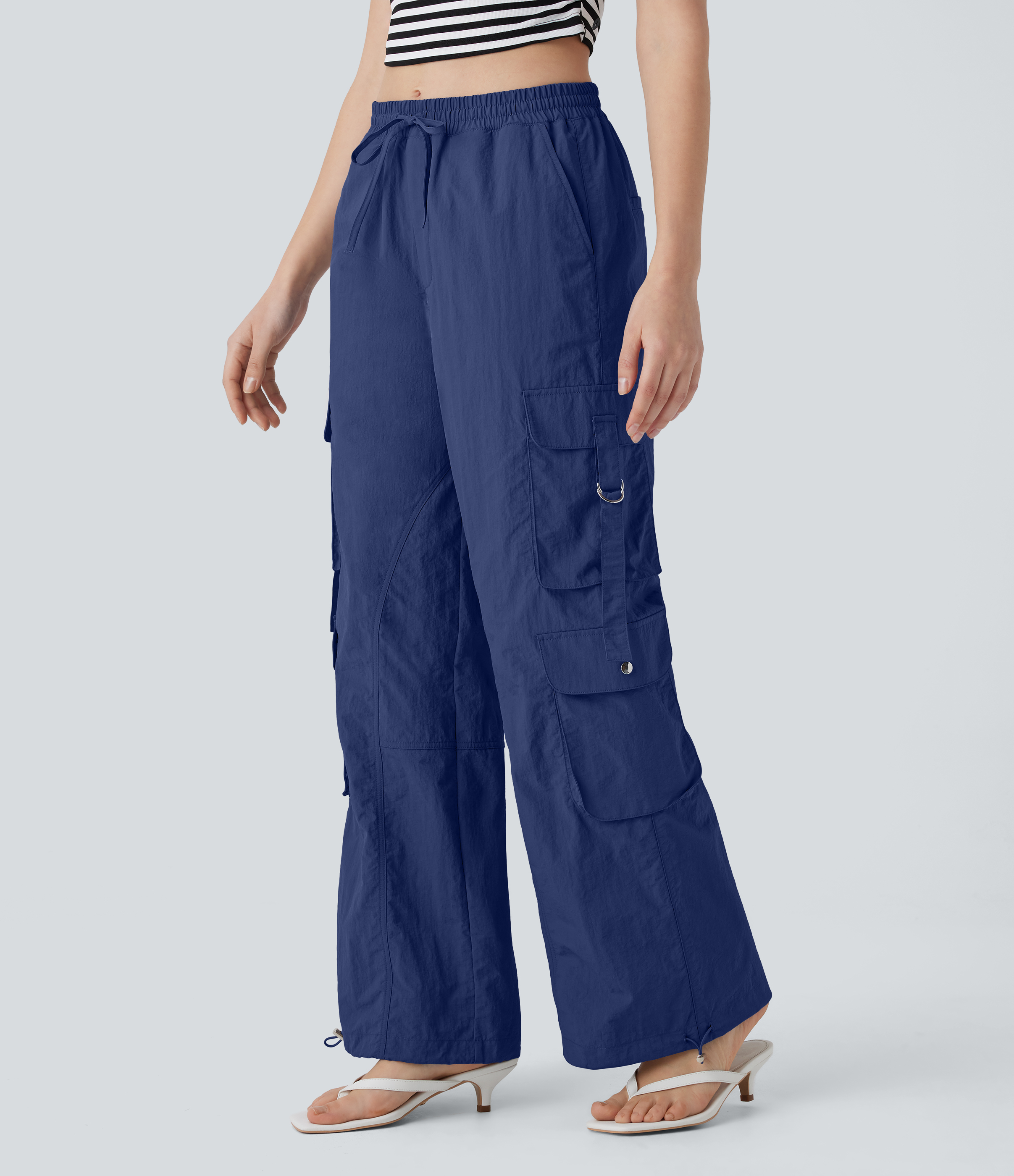 Halara Mid Rise Drawstring Multiple Pockets Adjustable Drawcord Baggy Casual Cargo Pants  - Dark Blue - L(regular) sweatpants jogger pants 