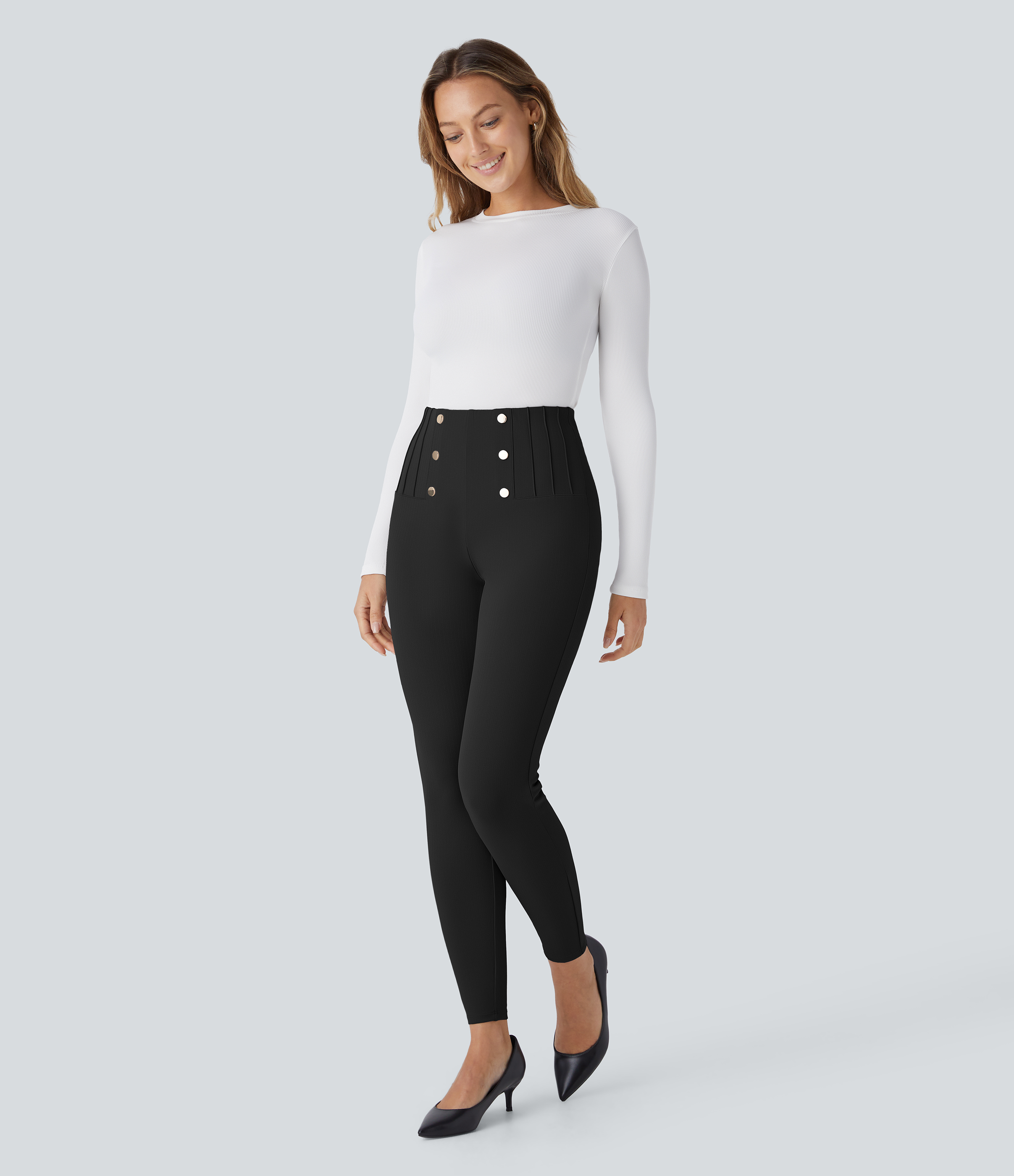 Halara SoCinched High Waisted Tummy Control Decorative Button Back Zipper Pockets Herringbone Work Leggings  - Black - XS(7/8) gym leggings 