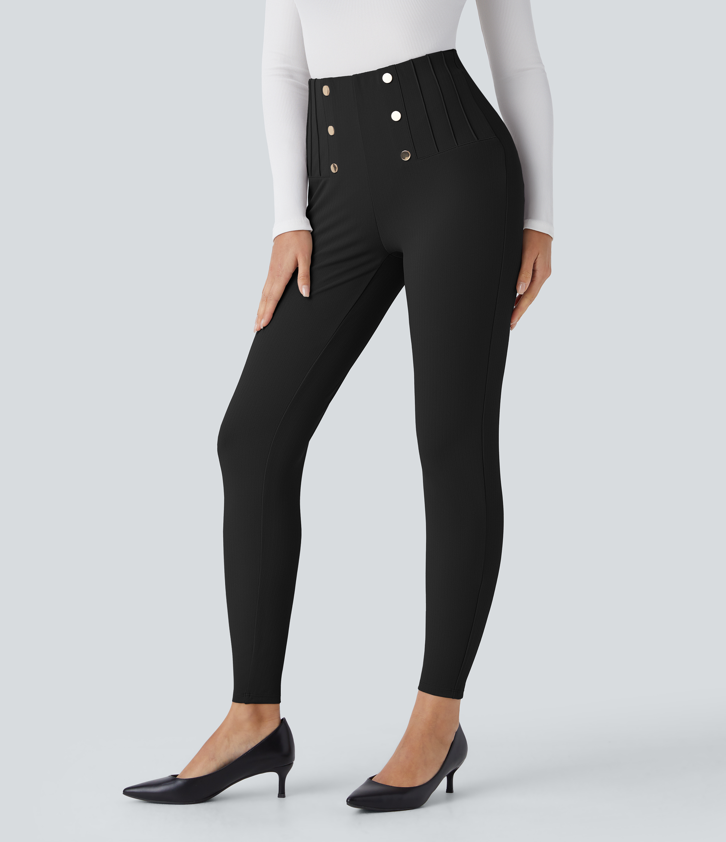 Halara SoCinched High Waisted Tummy Control Decorative Button Back Zipper Pockets Herringbone Work Leggings  - Black - XS(7/8) gym leggings 