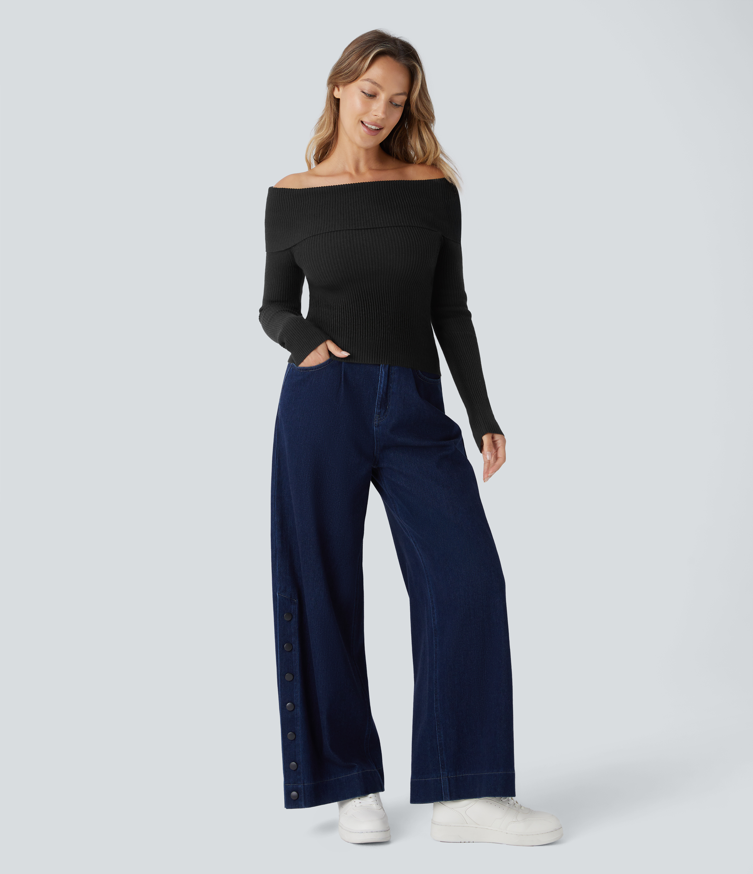 Halara Folded Off Shoulder Long Sleeve Casual Sweater  - Black - M 