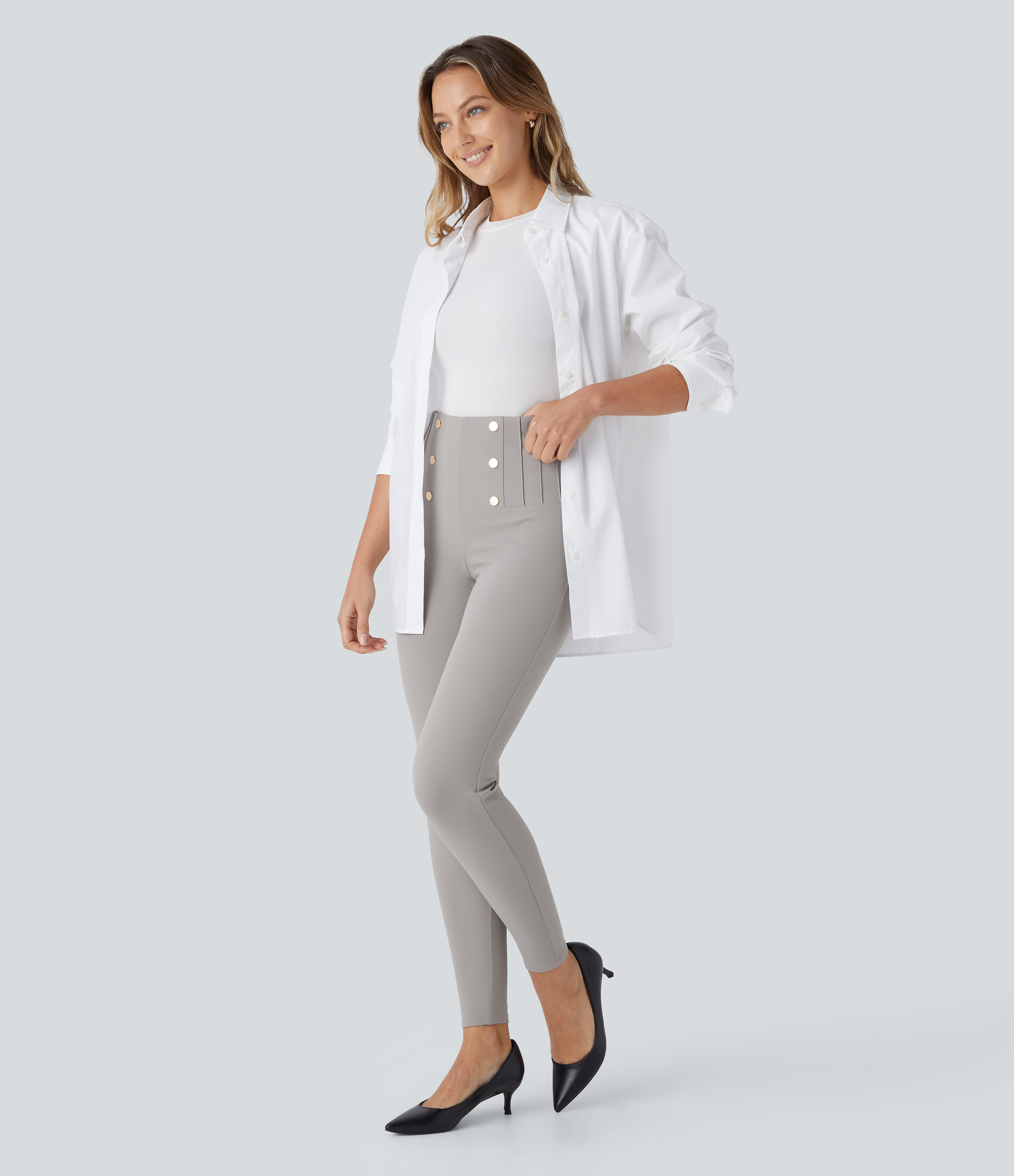 Halara SoCinched High Waisted Tummy Control Decorative Button Back Zipper Pockets Herringbone Work Leggings  - Mink Ash - XL(7/8) 