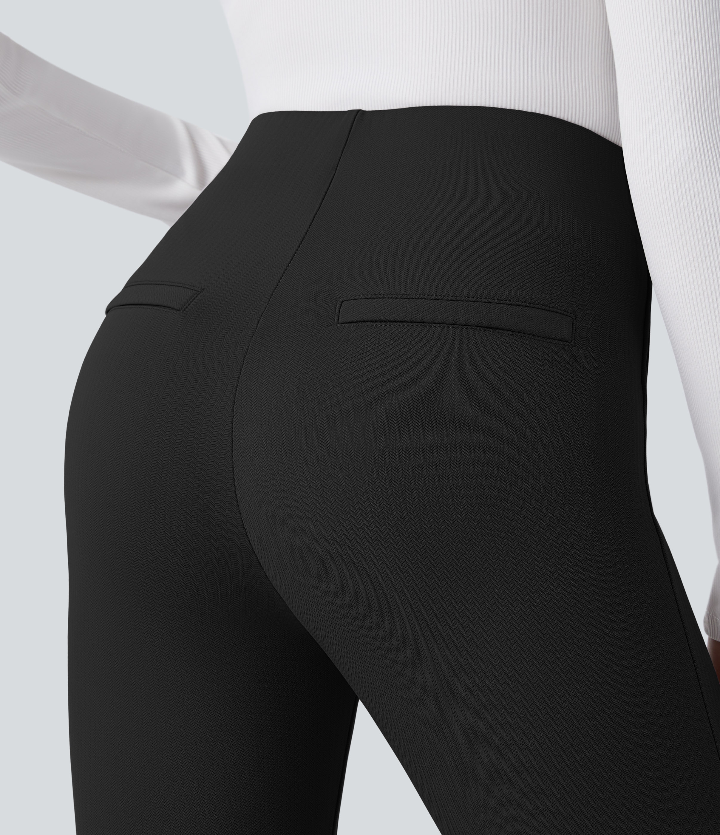 Halara SoCinched High Waisted Tummy Control Decorative Button Back Zipper Pockets Herringbone Work Leggings  - Black - XS(7/8) gym leggings 
