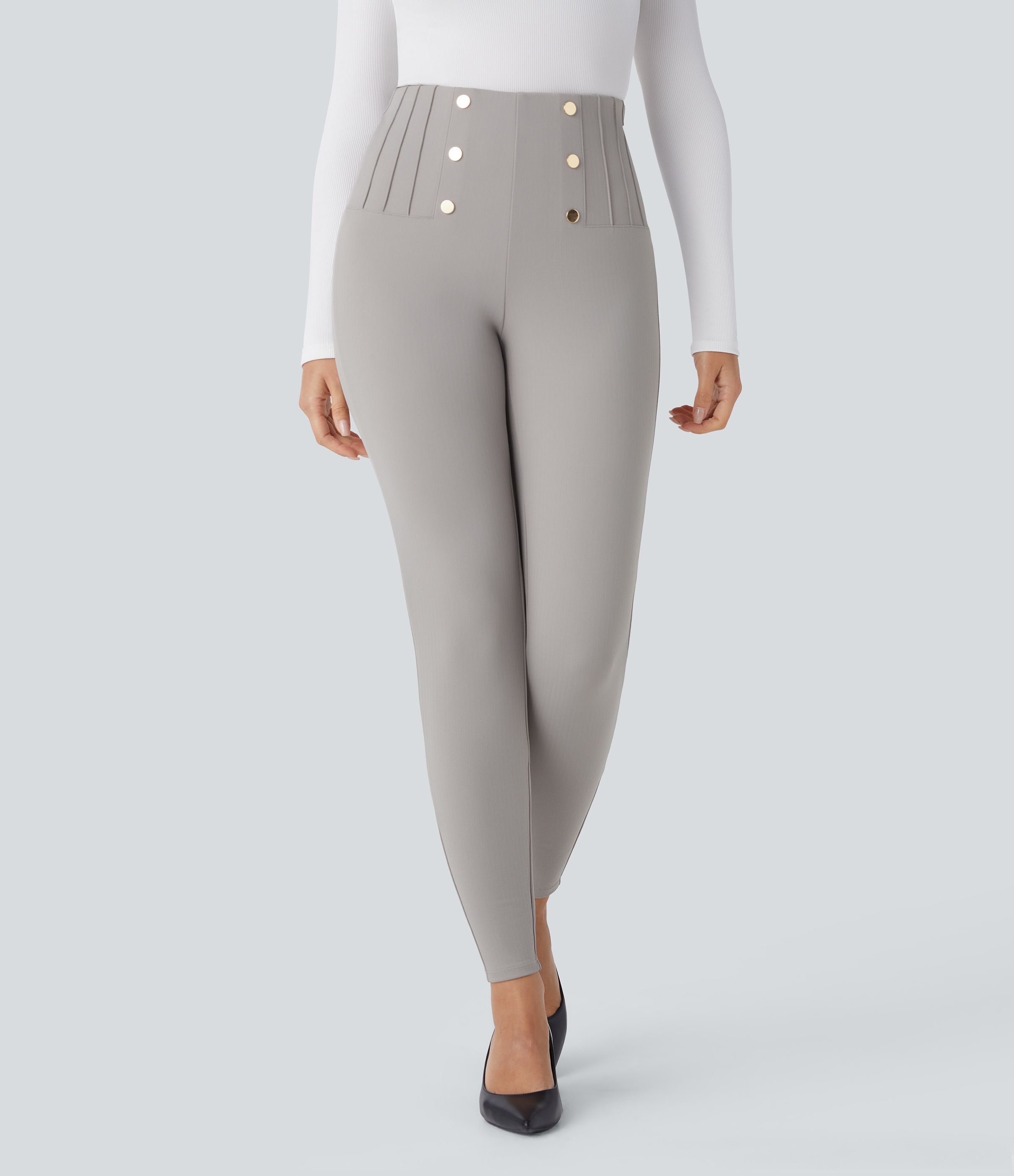 Halara SoCinched High Waisted Tummy Control Decorative Button Back Zipper Pockets Herringbone Work Leggings  - Mink Ash - XL(7/8) 