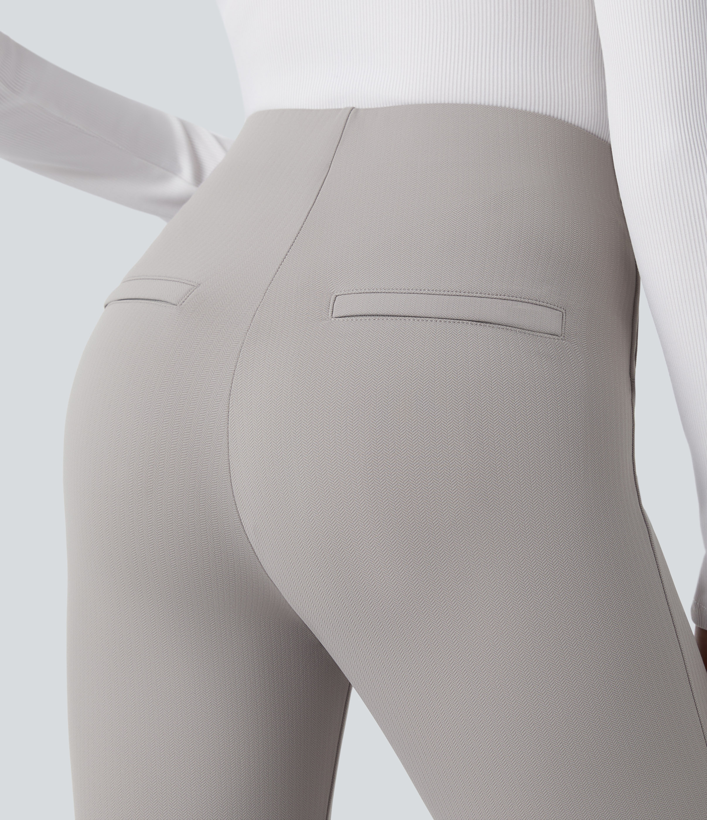 Halara SoCinched High Waisted Tummy Control Decorative Button Back Zipper Pockets Herringbone Work Leggings  - Mink Ash - XL(7/8) 