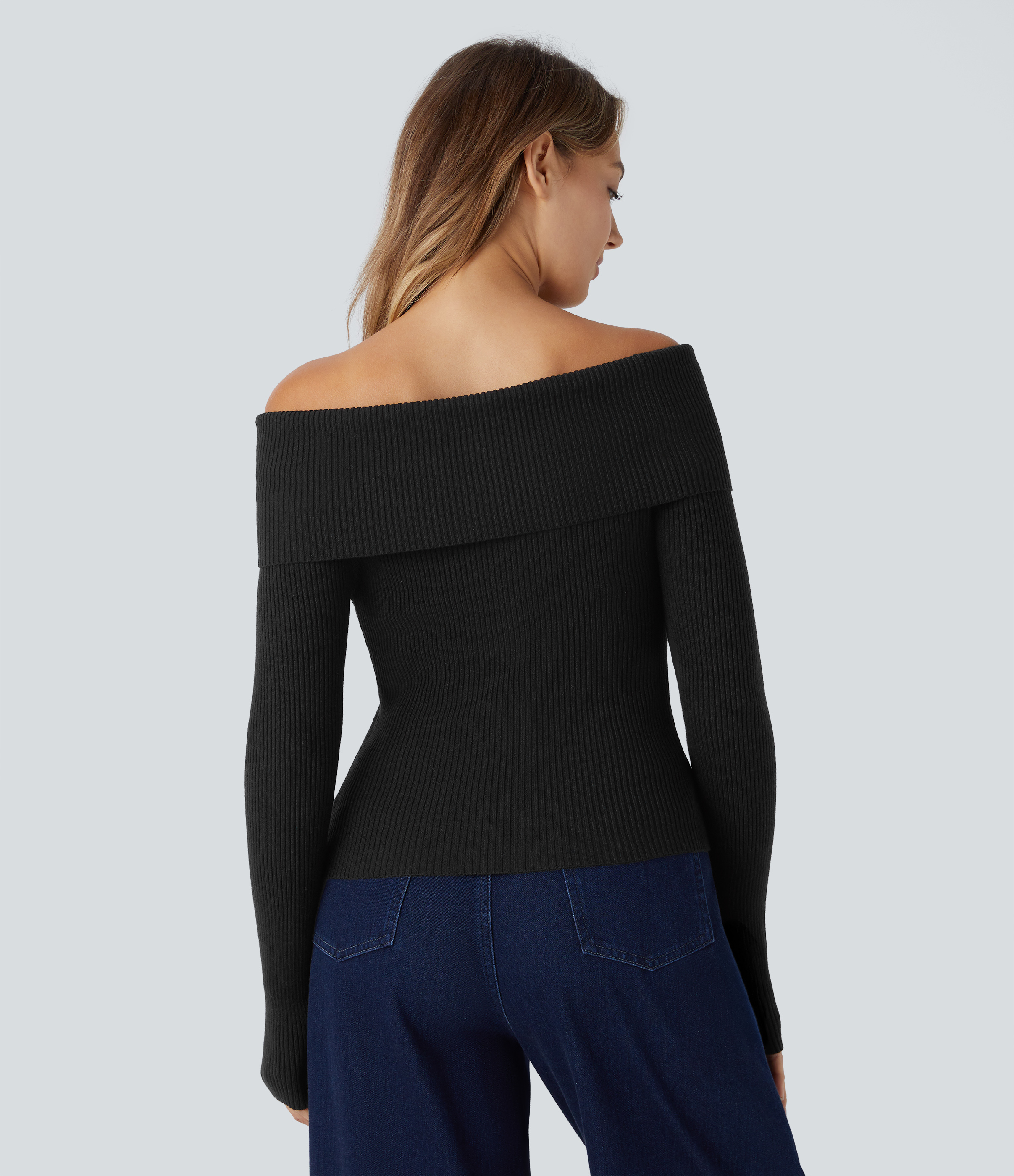 Halara Folded Off Shoulder Long Sleeve Casual Sweater  - Black - M 