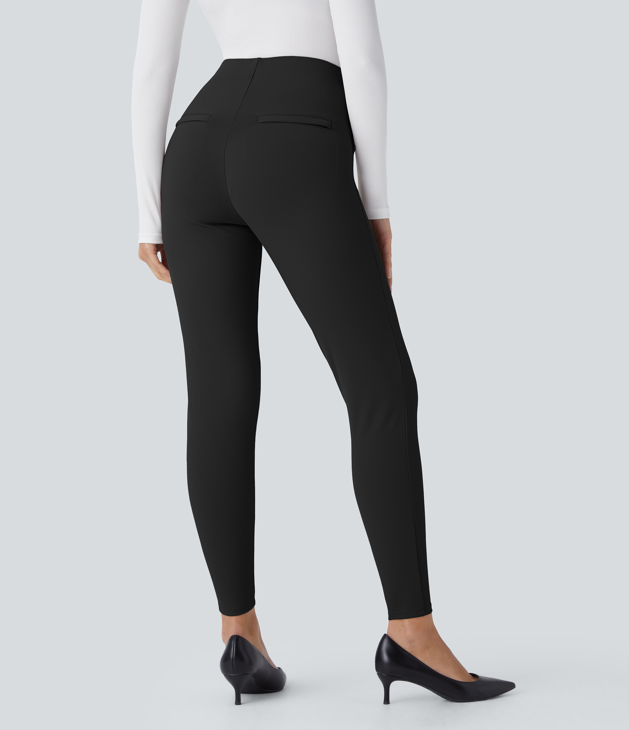 Halara SoCinched High Waisted Tummy Control Decorative Button Back Zipper Pockets Herringbone Work Leggings  - Black - XS(7/8) gym leggings 
