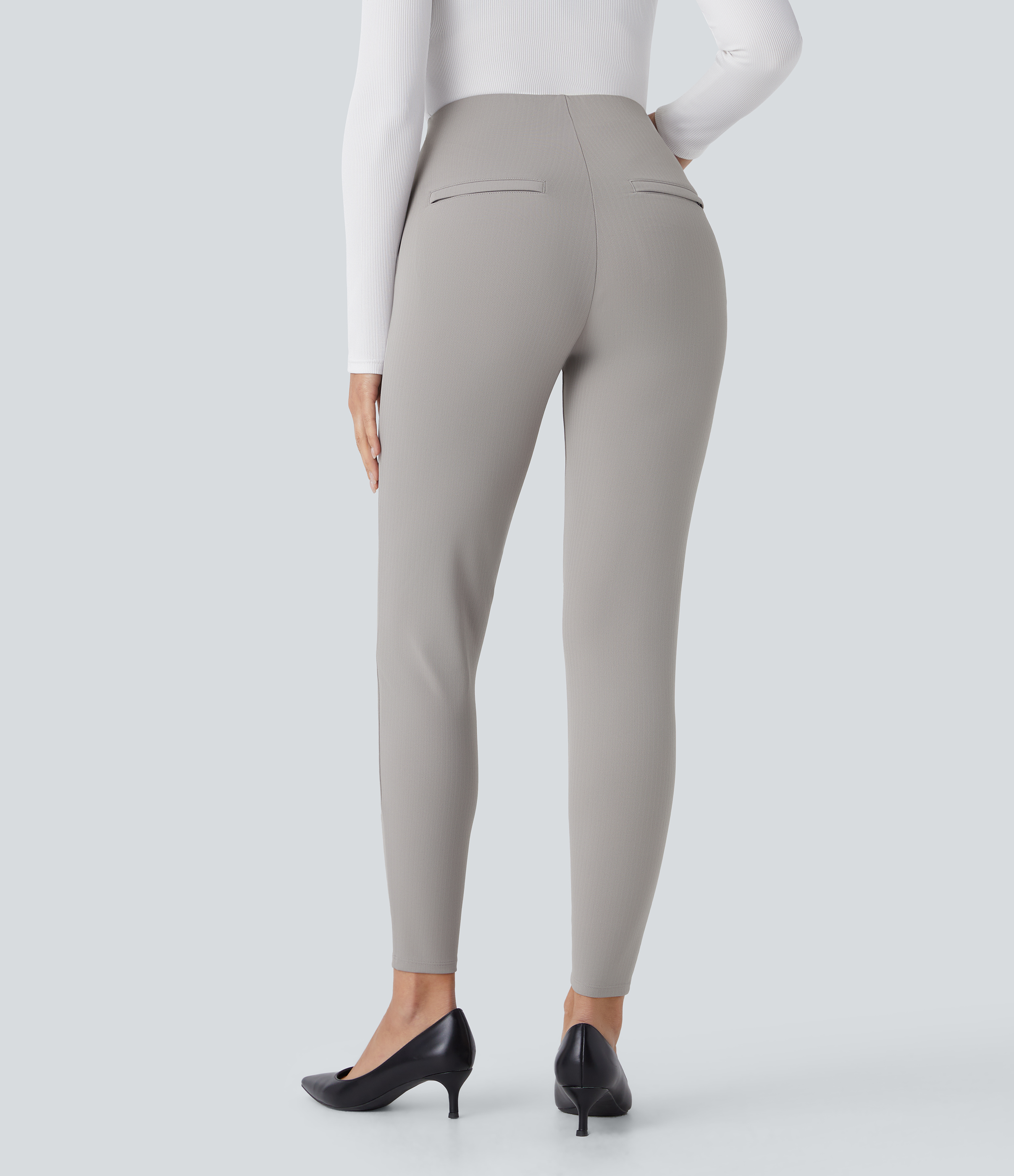 Halara SoCinched High Waisted Tummy Control Decorative Button Back Zipper Pockets Herringbone Work Leggings  - Mink Ash - XL(7/8) 