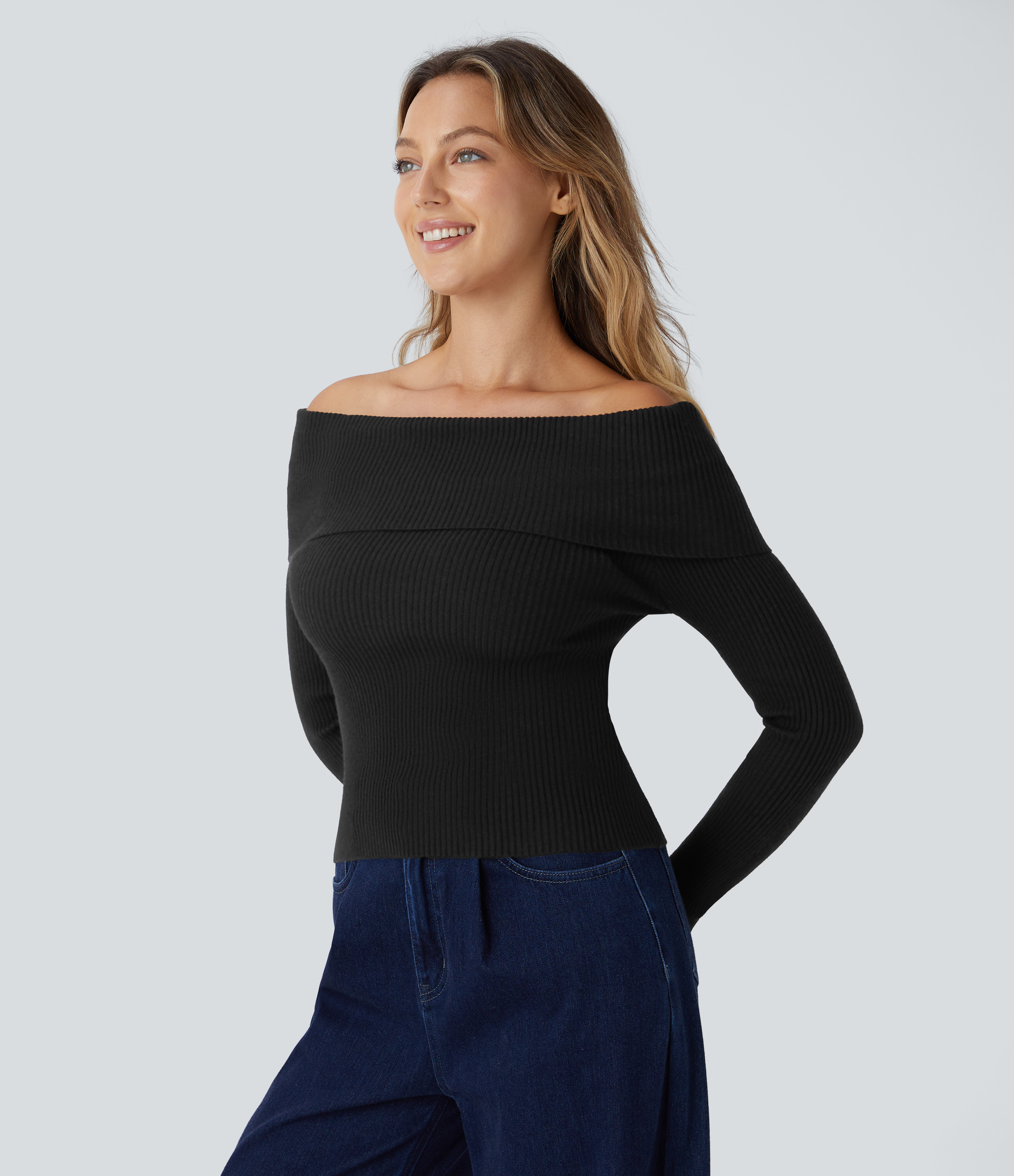 Halara Folded Off Shoulder Long Sleeve Casual Sweater  - Black - M 